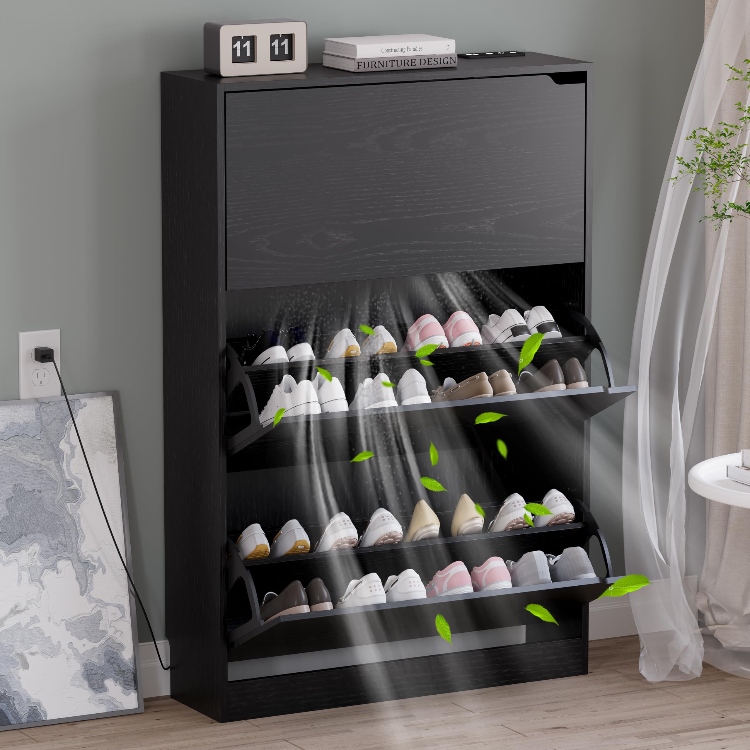 BORNOON Shoe Cabinet, Slim Narrow Shoe Storage Cabinet, Freestanding Shoe Organizer with Adjustable & Removable Shelves, Top Display Shelf for Entryway, Hallway, Foyer, Closet