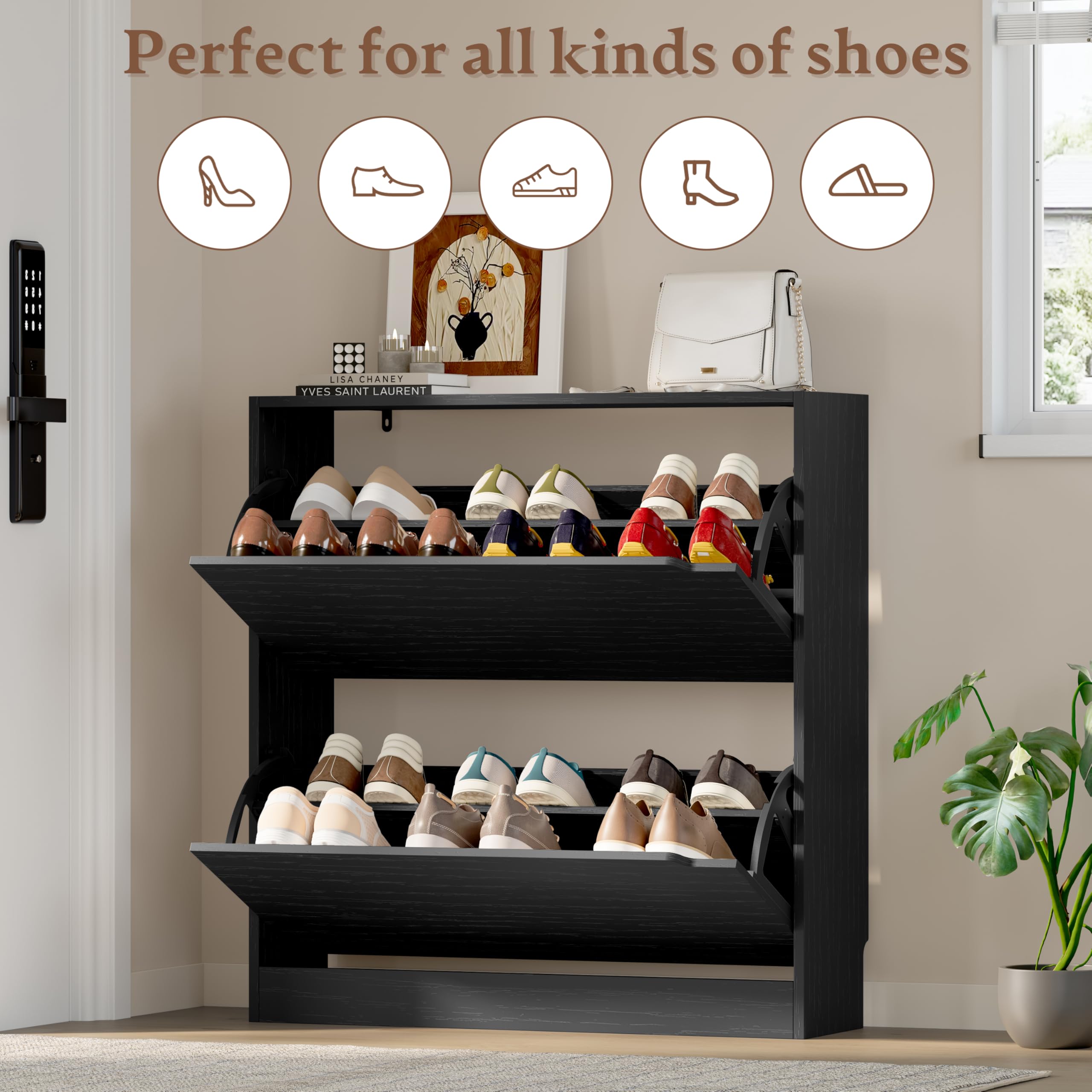 BORNOON Shoe Cabinet, Slim Narrow Shoe Storage Cabinet, Freestanding Shoe Organizer with Adjustable & Removable Shelves, Top Display Shelf for Entryway, Hallway, Foyer, Closet