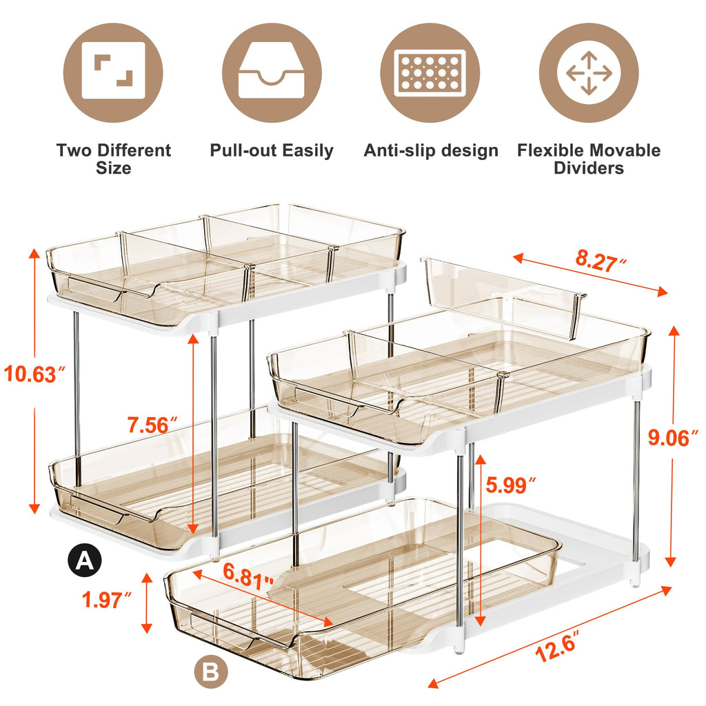 Delamu 2-Tier Multi-Purpose Bathroom Under Sink Organizers and Storage, Stackable Kitchen Pantry Organization, Pull Out Medicine Cabinet Organizer with Movable Dividers