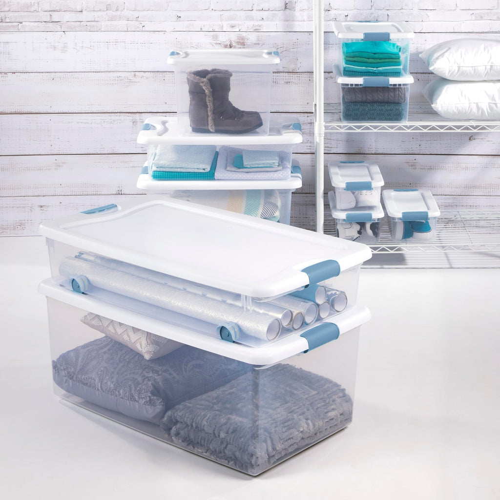 Sterilite Latching Storage Box, Stackable Bin with Latch Lid, Plastic Container to Organize Shoes on Closet Shelf, Clear with White Lid
