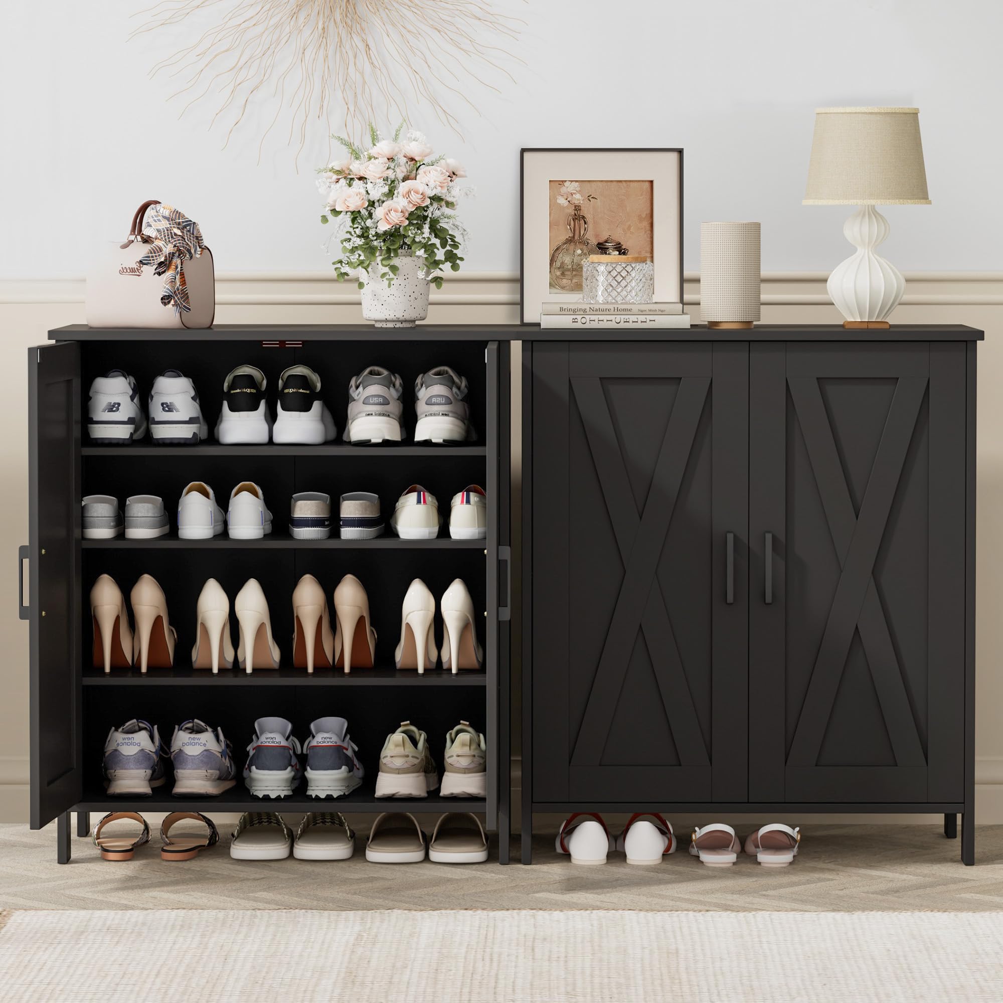Homleke Farmhouse Shoe Cabinet with 2 Barn Doors & Wood Legs, 5-Tier Shoe Storage Cabinet with 3 Adjustable Shelves, Tall Shoe Rack Organizer for Closet, Shoe Organizer for Entryway, Hallway
