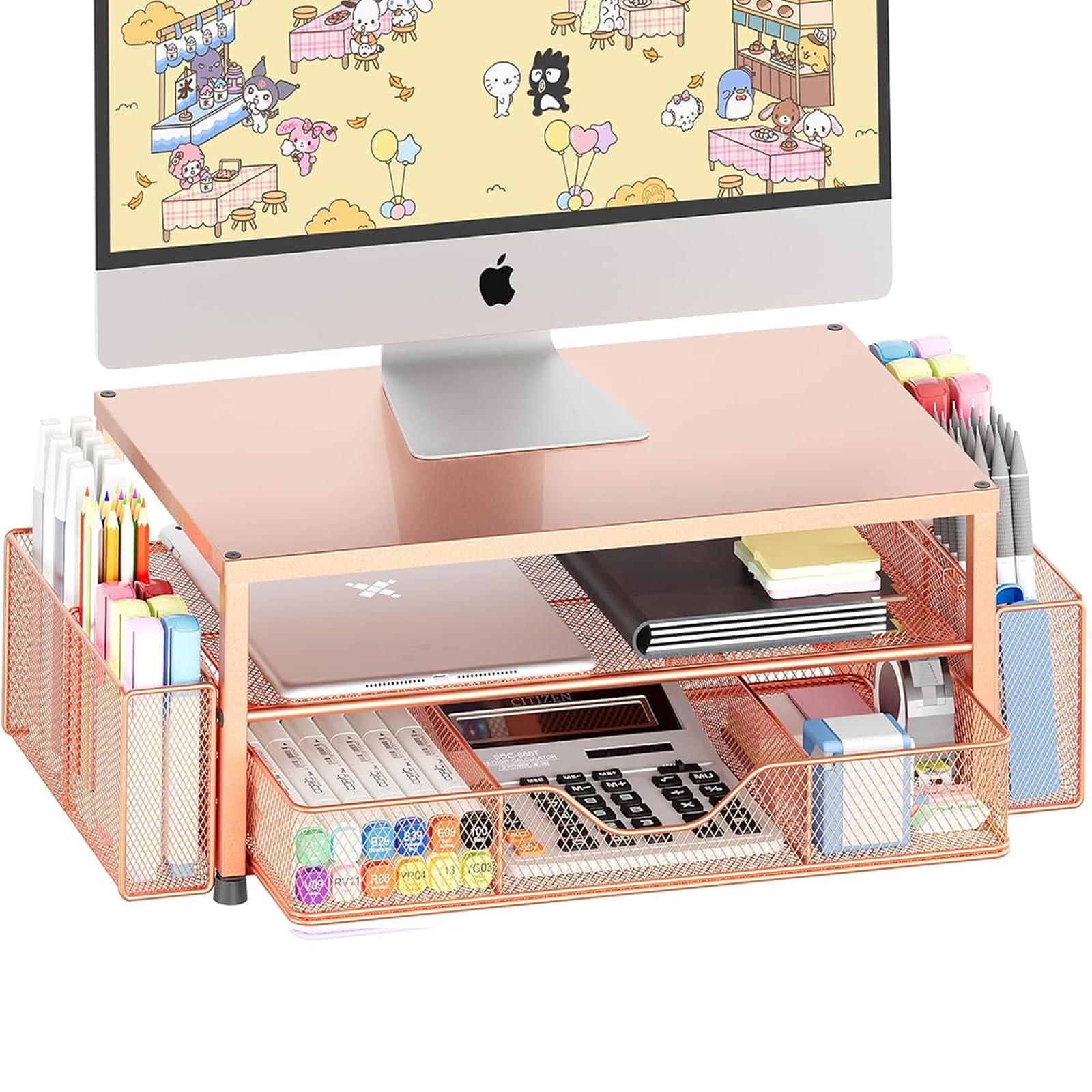 OPNICE Desk Organizer and Accessories, Computer Monitor Stand Riser with Drawer and 2 Pen Holders, Laptop Stand, Office Desk Accessories for Office Supplies