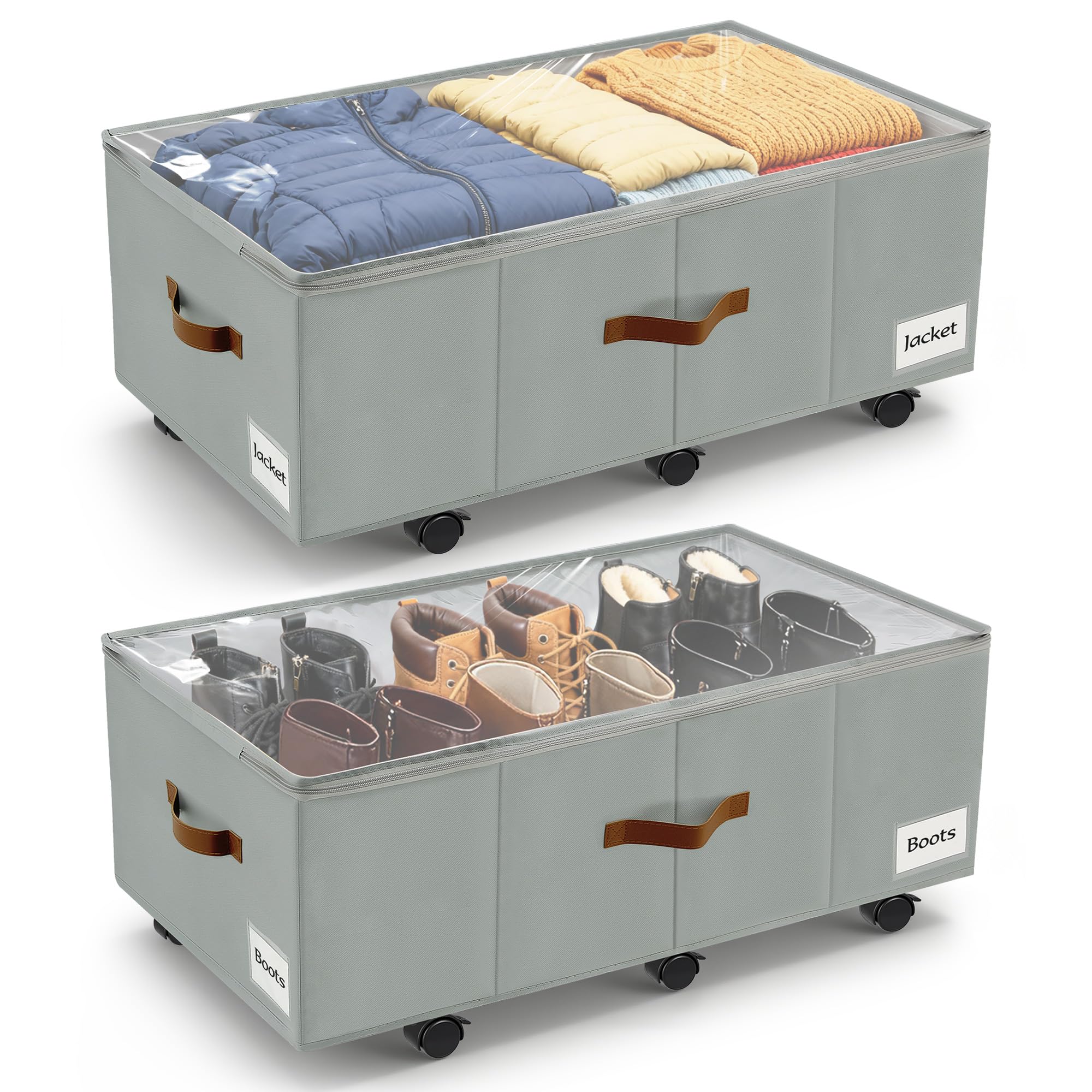 VatFott Under Bed Storage with Wheels,Underbed Storage with Sturdy Sidewalls/Bottom, Clear Cover, Label and PU Handle, Rolling Under Bed Drawers for Clothes, Shoes, Toys, Blankets