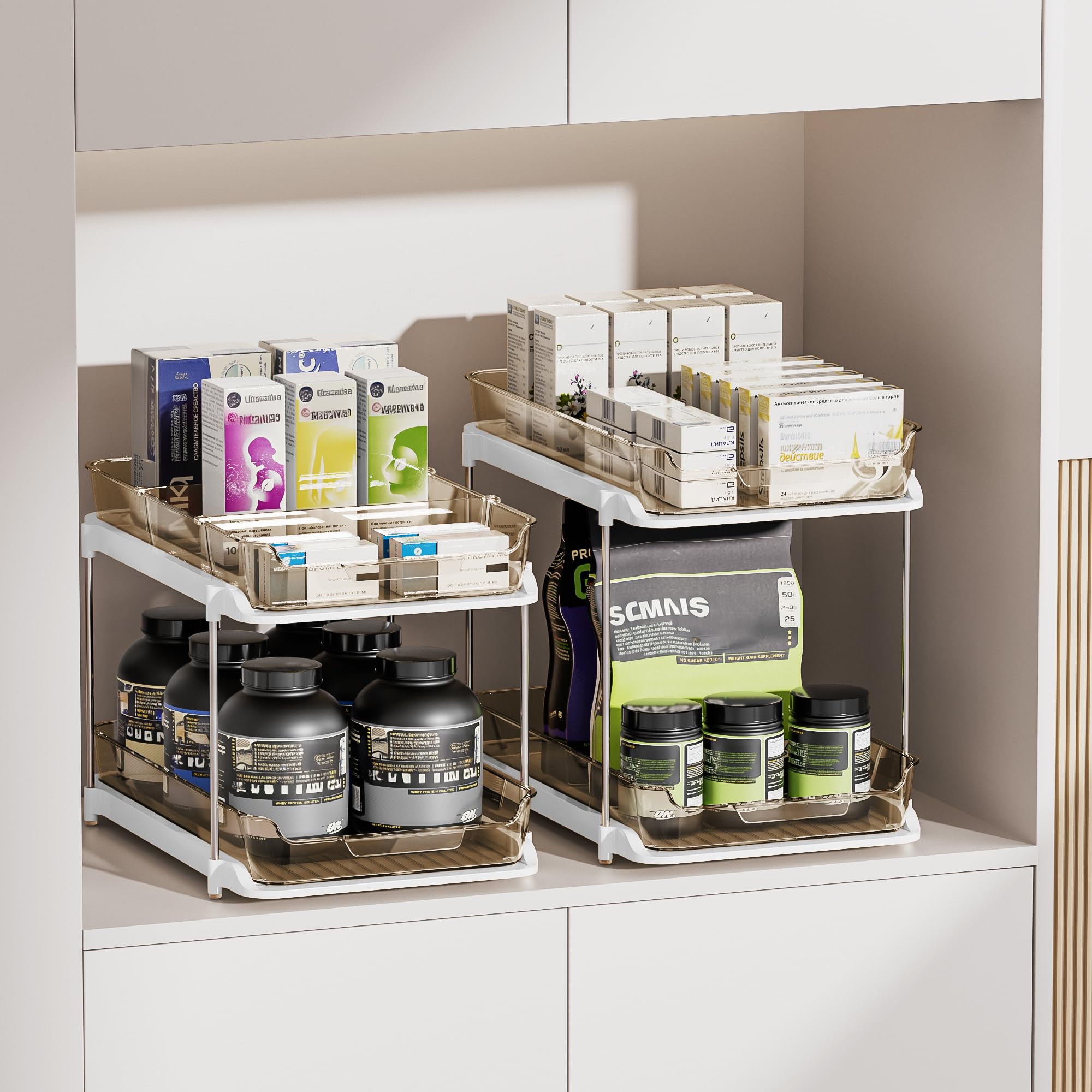 Delamu 2-Tier Multi-Purpose Bathroom Under Sink Organizers and Storage, Stackable Kitchen Pantry Organization, Pull Out Medicine Cabinet Organizer with Movable Dividers