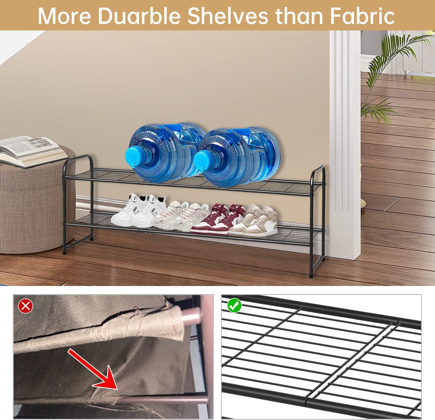 KEETDY 3-Tier Long Shoe Rack for Closet Metal Shoe Organizer for Entryway, Wide Stackable Shoe Storage Shelf with Sturdy Wire Grid for Closet Floor, Bedroom