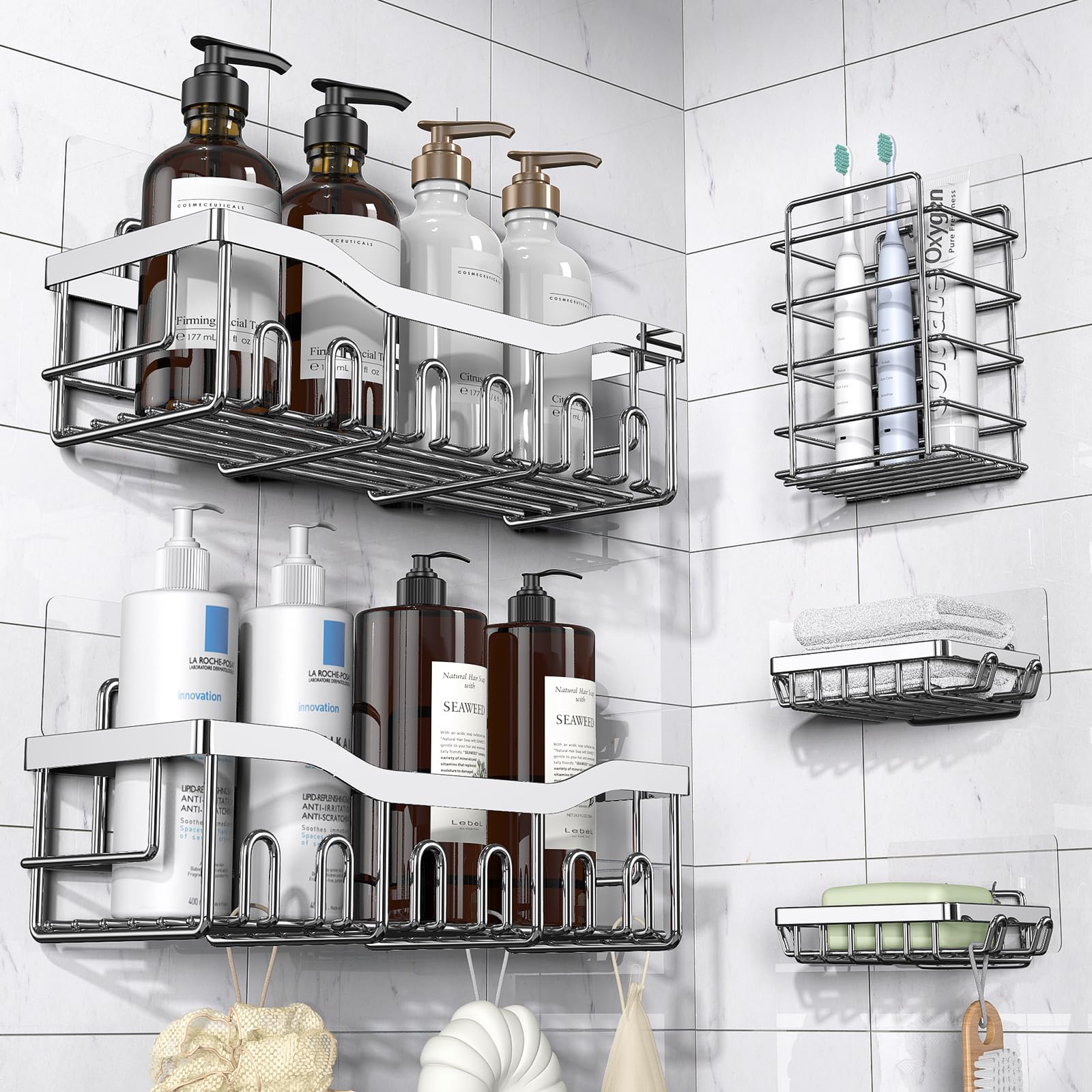 EUDELE Shower Caddy 5 Pack,Adhesive Shower Organizer for Bathroom Storage&Home Decor&Kitchen,No Drilling,Large Capacity,Rustproof Stainless Steel Bathroom Organizer,Shower Shelves for Inside Shower