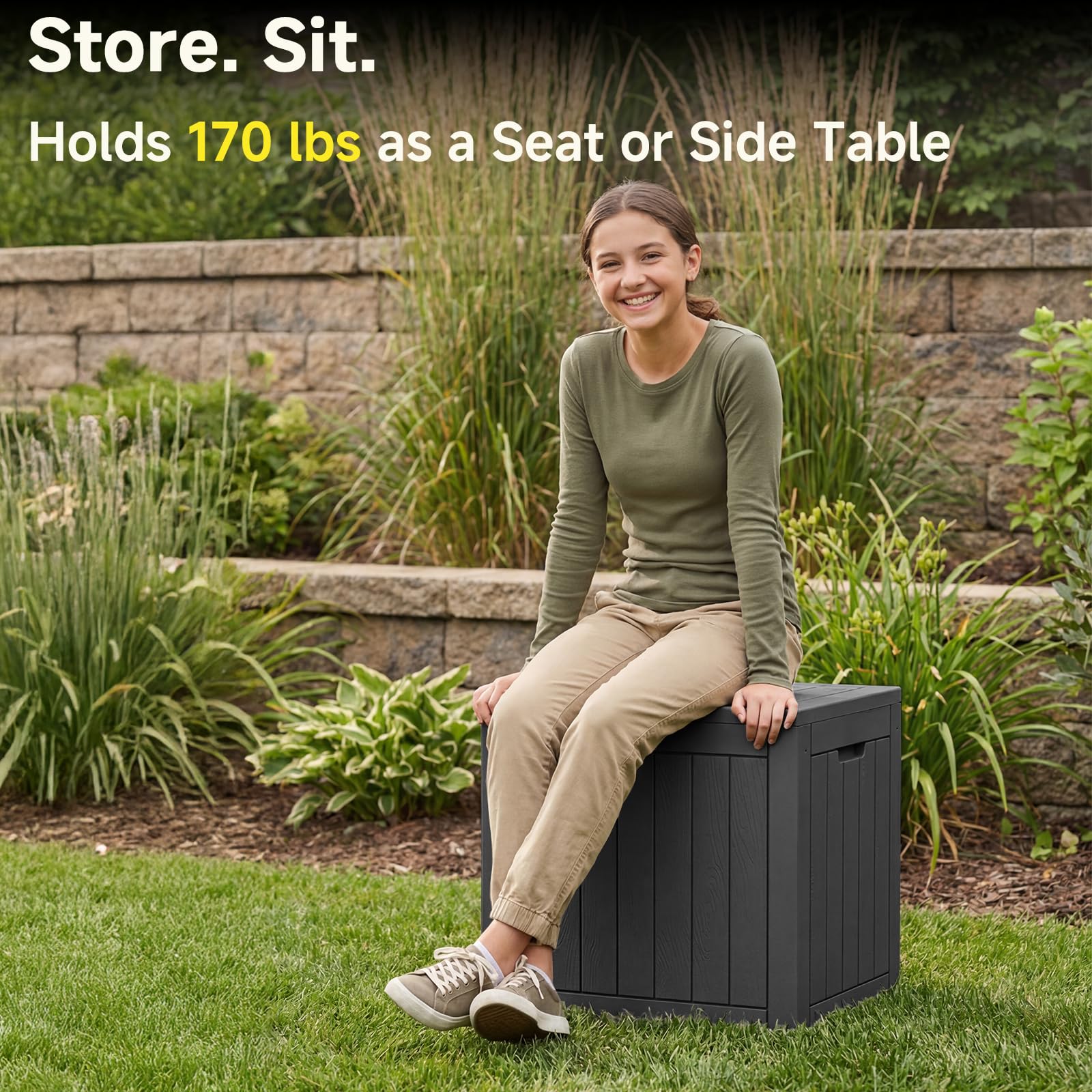 PatioZen Outdoor Deck Box,Waterproof Resin Outdoor Storage Boxes, Outside Storage Lockable Container for Garden Tools,Indooor Cushions,Accessories