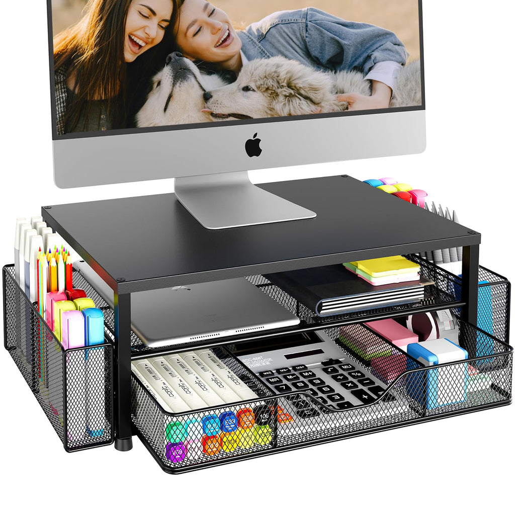 OPNICE Desk Organizer and Accessories, Computer Monitor Stand Riser with Drawer and 2 Pen Holders, Laptop Stand, Office Desk Accessories for Office Supplies
