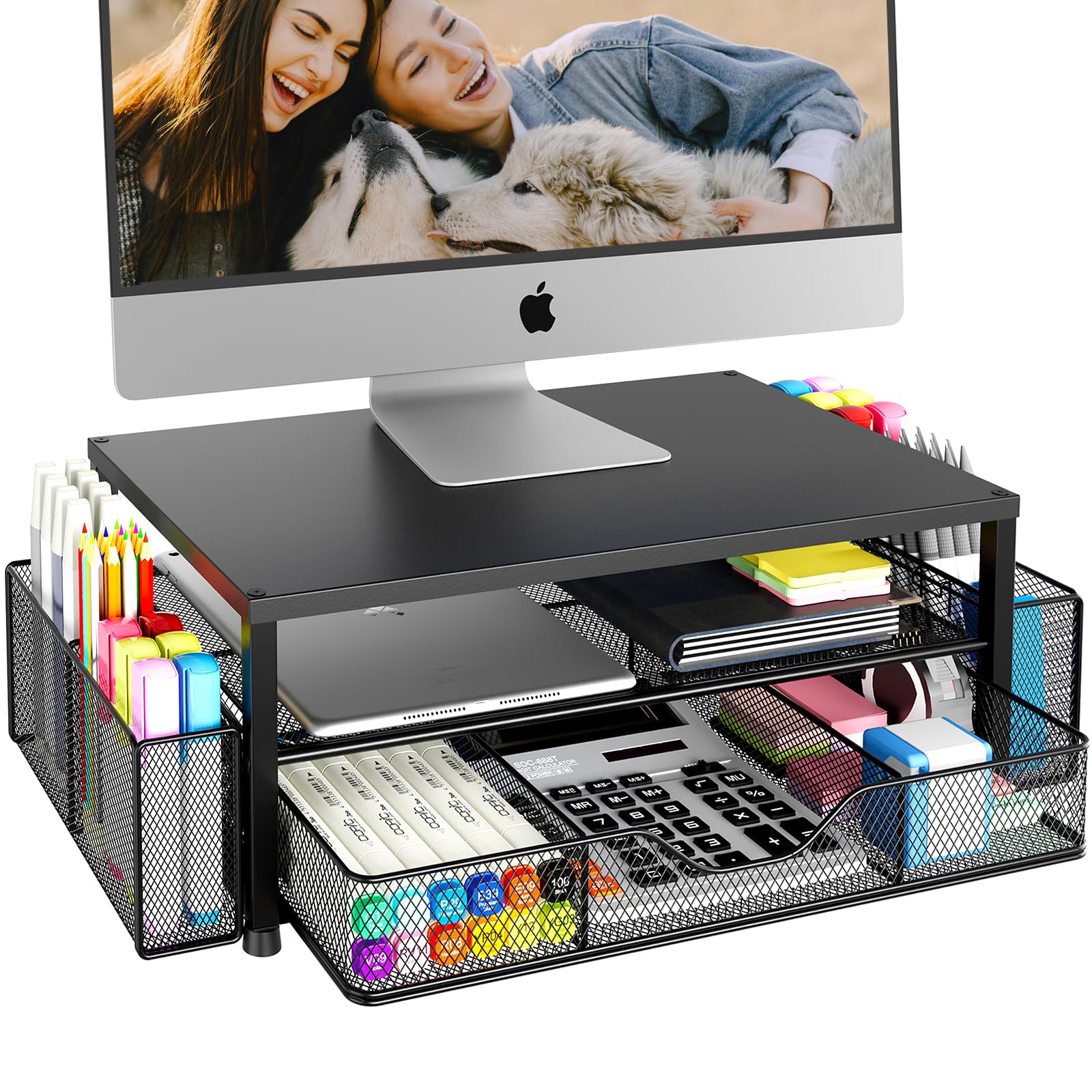 OPNICE Desk Organizer and Accessories, Computer Monitor Stand Riser with Drawer and 2 Pen Holders, Laptop Stand, Office Desk Accessories for Office Supplies