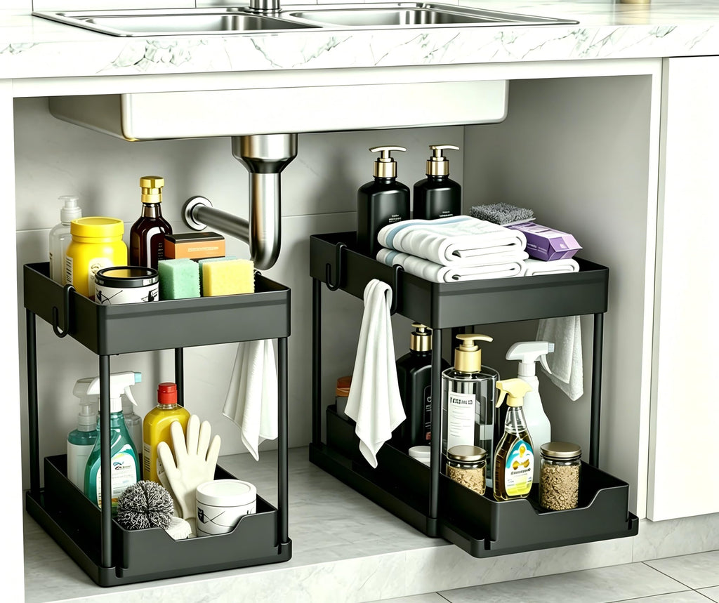 DEKAVA Under Sink Organizer 2 Pack，Bathroom Cabinet Organizer，2 Tier Sliding Cabinet Basket Organizer Drawer, Multi-Purpose Bath Collection Baskets for Bathroom