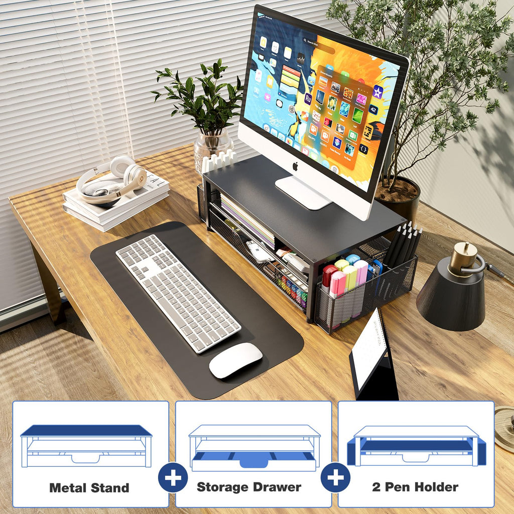 OPNICE Desk Organizer and Accessories, Computer Monitor Stand Riser with Drawer and 2 Pen Holders, Laptop Stand, Office Desk Accessories for Office Supplies