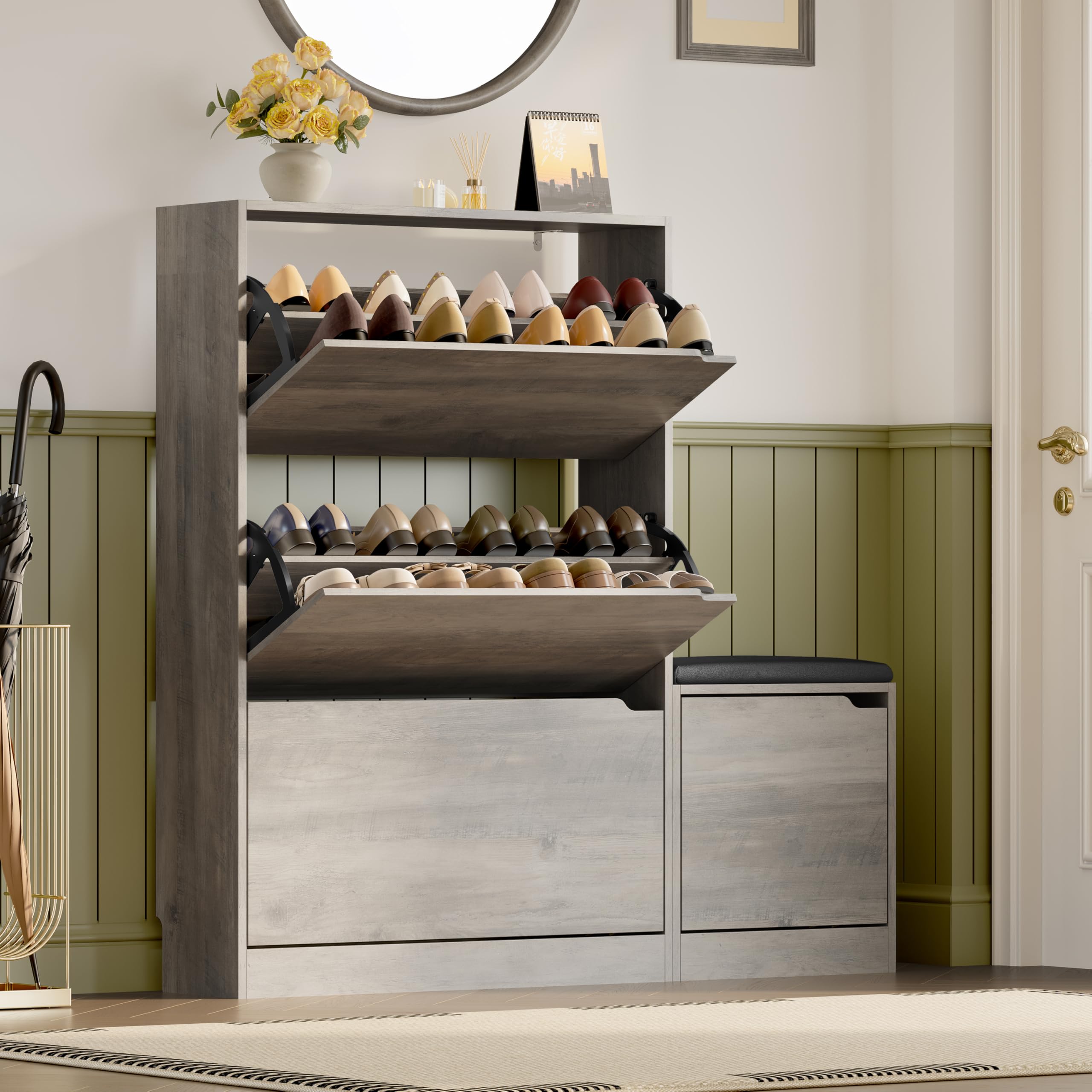 BORNOON Shoe Cabinet, Slim Narrow Shoe Storage Cabinet, Freestanding Shoe Organizer with Adjustable & Removable Shelves, Top Display Shelf for Entryway, Hallway, Foyer, Closet