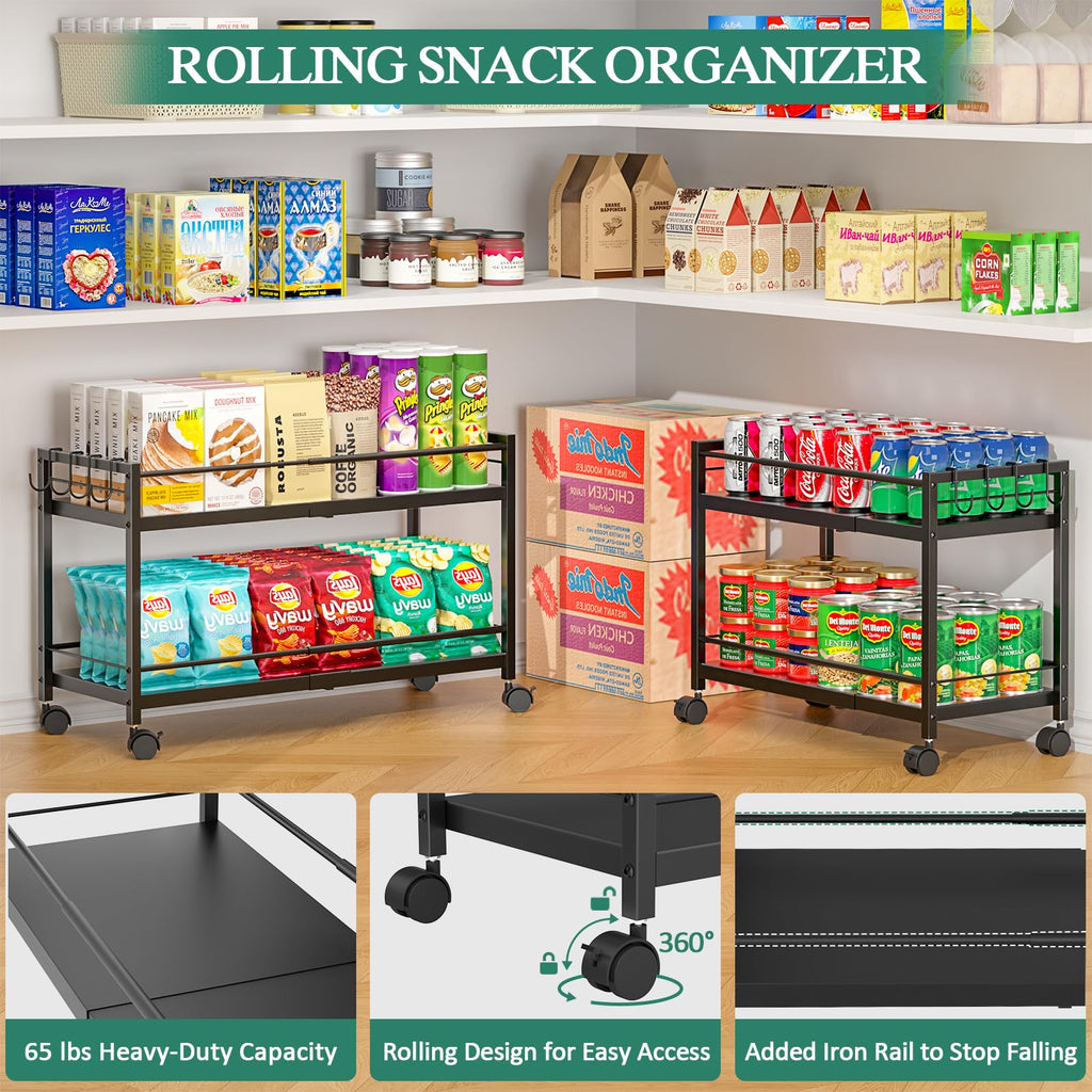 3IngSeagulls 2-Tier Expandable Rolling Pantry Cart with Wheels, Adjustable Floor Organizer for Kitchen Pantry, Can Organizer for Pantry, Storage Cart for Snack, Food, Vegetables, Patent Pending