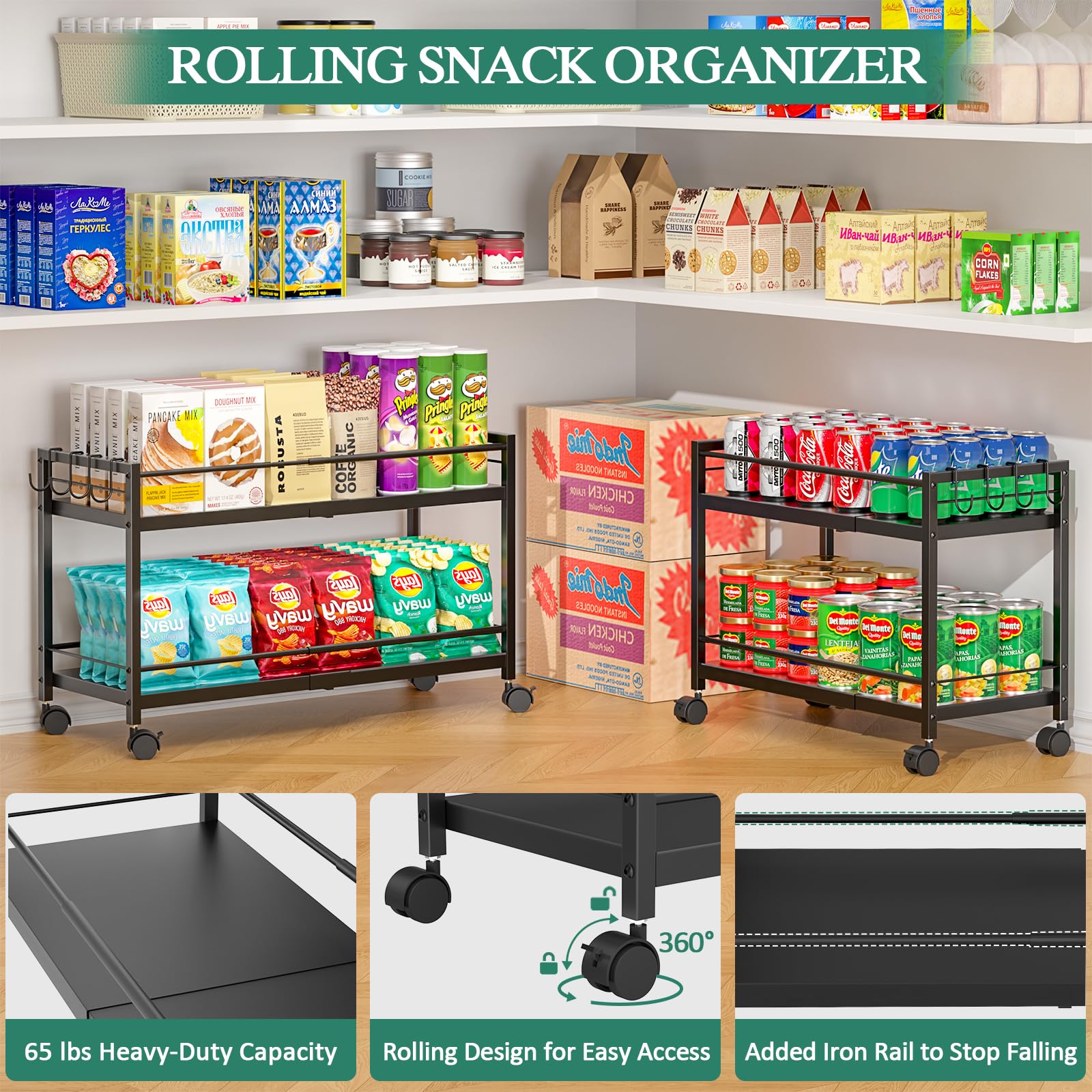 3IngSeagulls 2-Tier Expandable Rolling Pantry Cart with Wheels, Adjustable Floor Organizer for Kitchen Pantry, Can Organizer for Pantry, Storage Cart for Snack, Food, Vegetables, Patent Pending