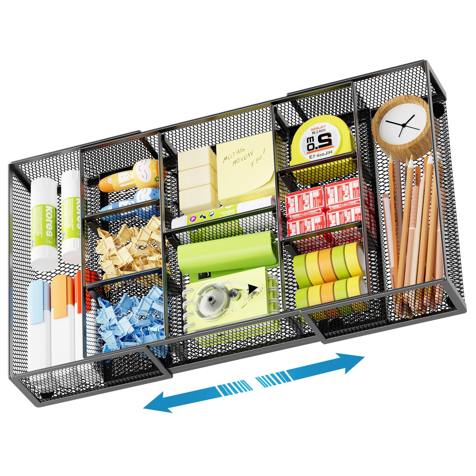 Marbrasse Expandable Desk Drawer Organizer with 10 Adjustable Compartments, Mesh Tray for Office Supplies, Makeup & Vanity