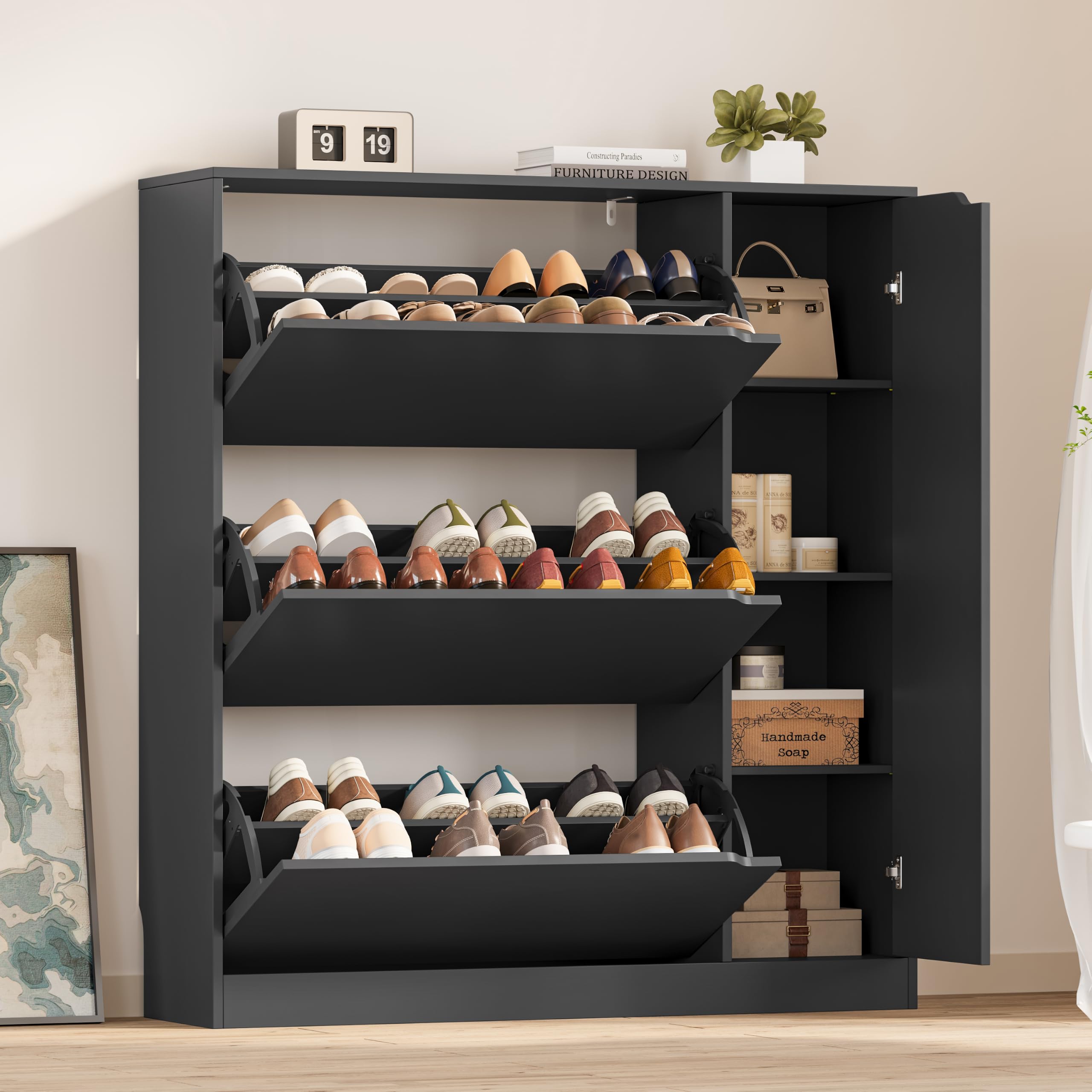 BORNOON Shoe Cabinet, Slim Narrow Shoe Storage Cabinet, Freestanding Shoe Organizer with Adjustable & Removable Shelves, Top Display Shelf for Entryway, Hallway, Foyer, Closet