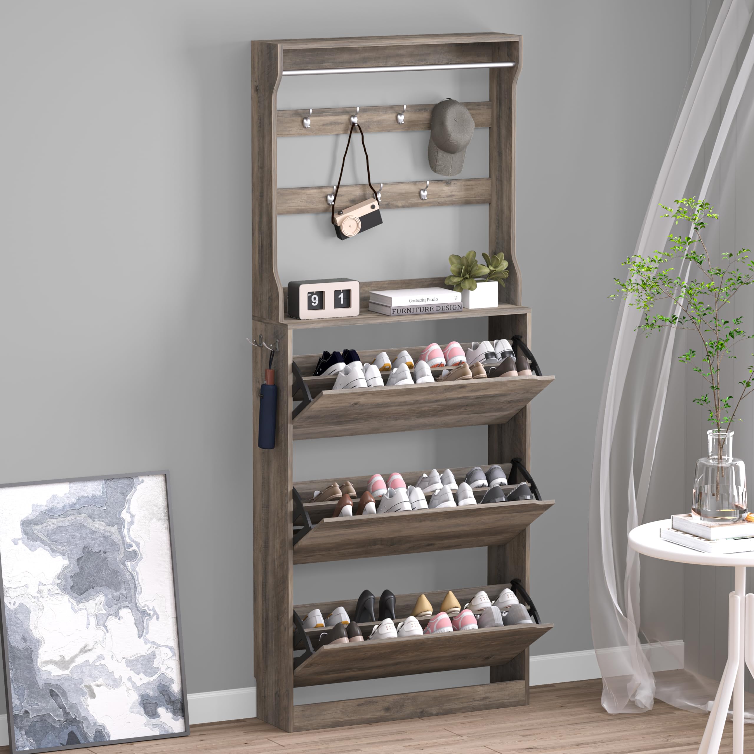 BORNOON Shoe Cabinet, Slim Narrow Shoe Storage Cabinet, Freestanding Shoe Organizer with Adjustable & Removable Shelves, Top Display Shelf for Entryway, Hallway, Foyer, Closet