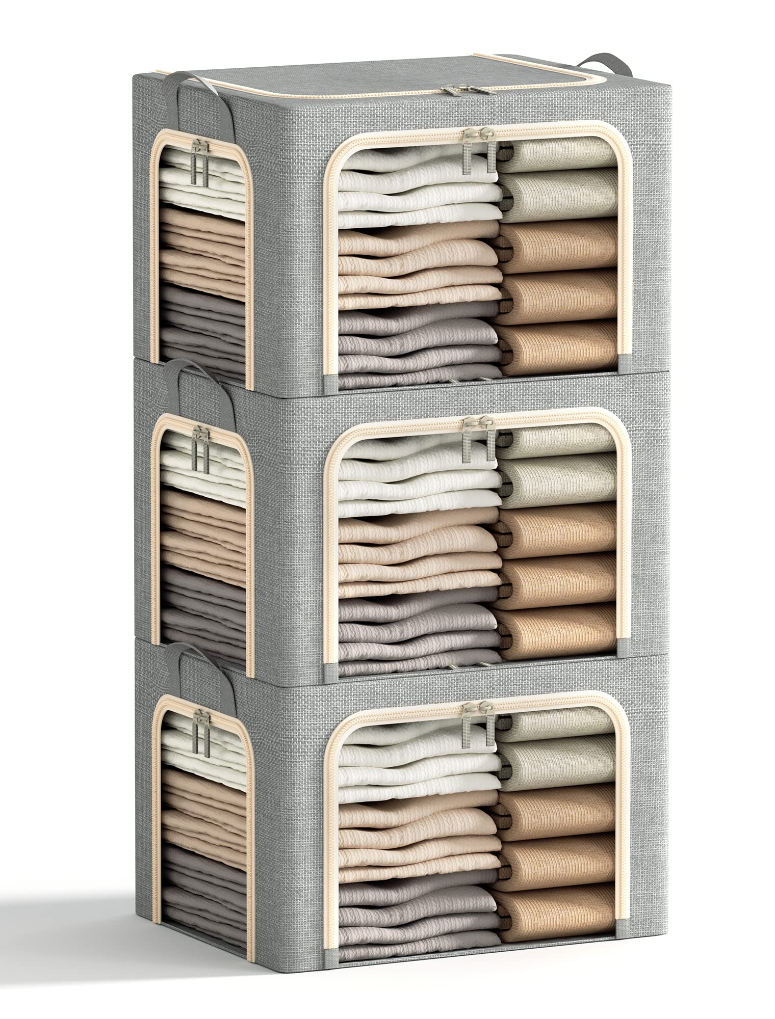 Furnhome 3 Opeings Clothes Storage Bins with Metal Frame, Foldable Clothes Organizes and Storage, Fabric Storage Box with Clear Window, Stackable Storage Bins with Double Zippers＆ Durable Handles