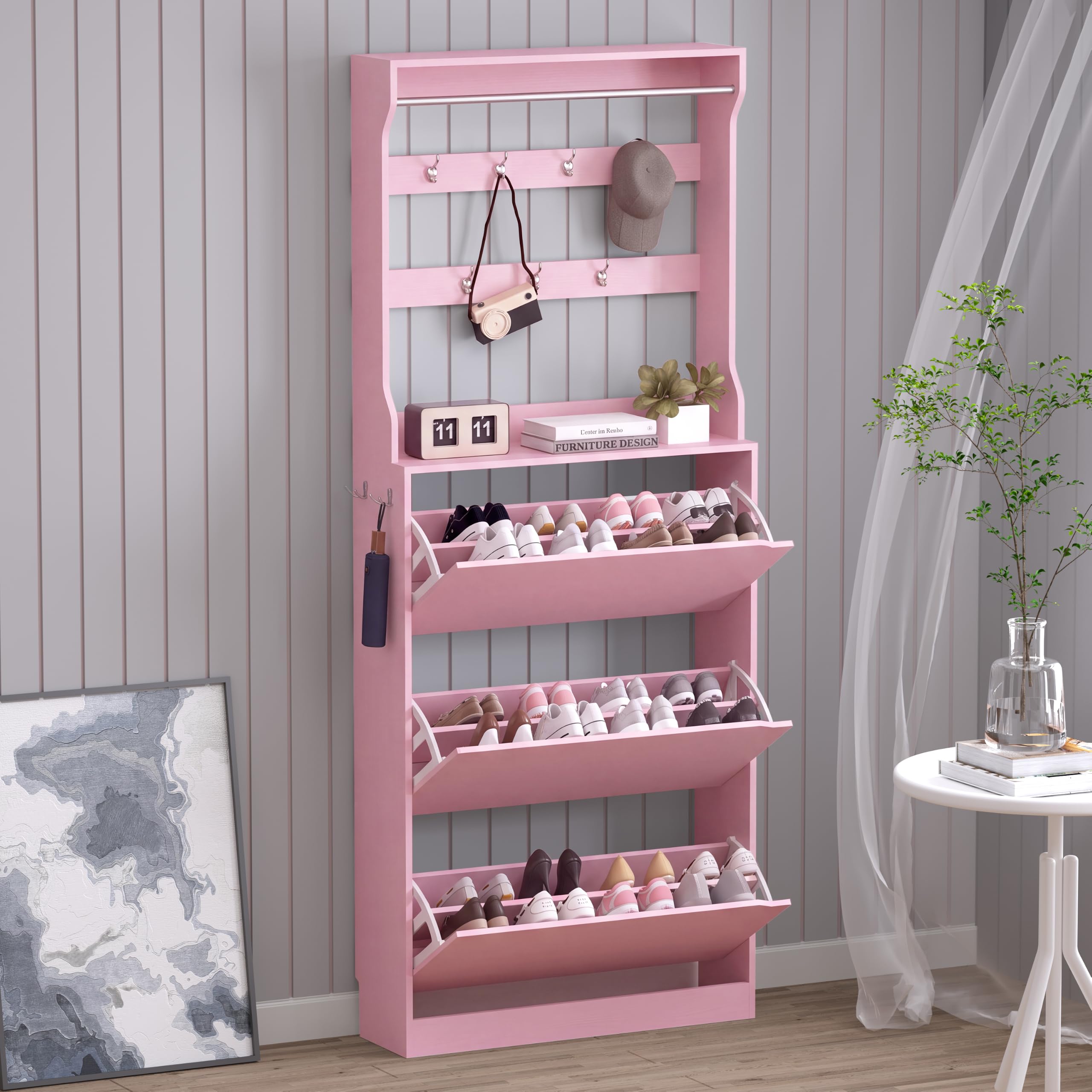 BORNOON Shoe Cabinet, Slim Narrow Shoe Storage Cabinet, Freestanding Shoe Organizer with Adjustable & Removable Shelves, Top Display Shelf for Entryway, Hallway, Foyer, Closet