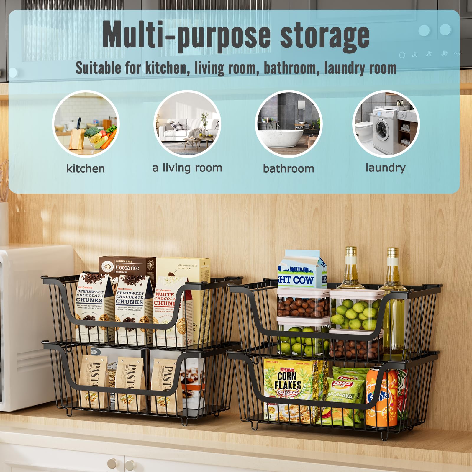 GAOKASE 4 Pcs Stackable Wire Baskets for Pantry Organizers and Storage,Vegetable Fruit Basket for Countertop,Kitchen Storage Metal Baskets,Produce Potato Onion Storage Bin