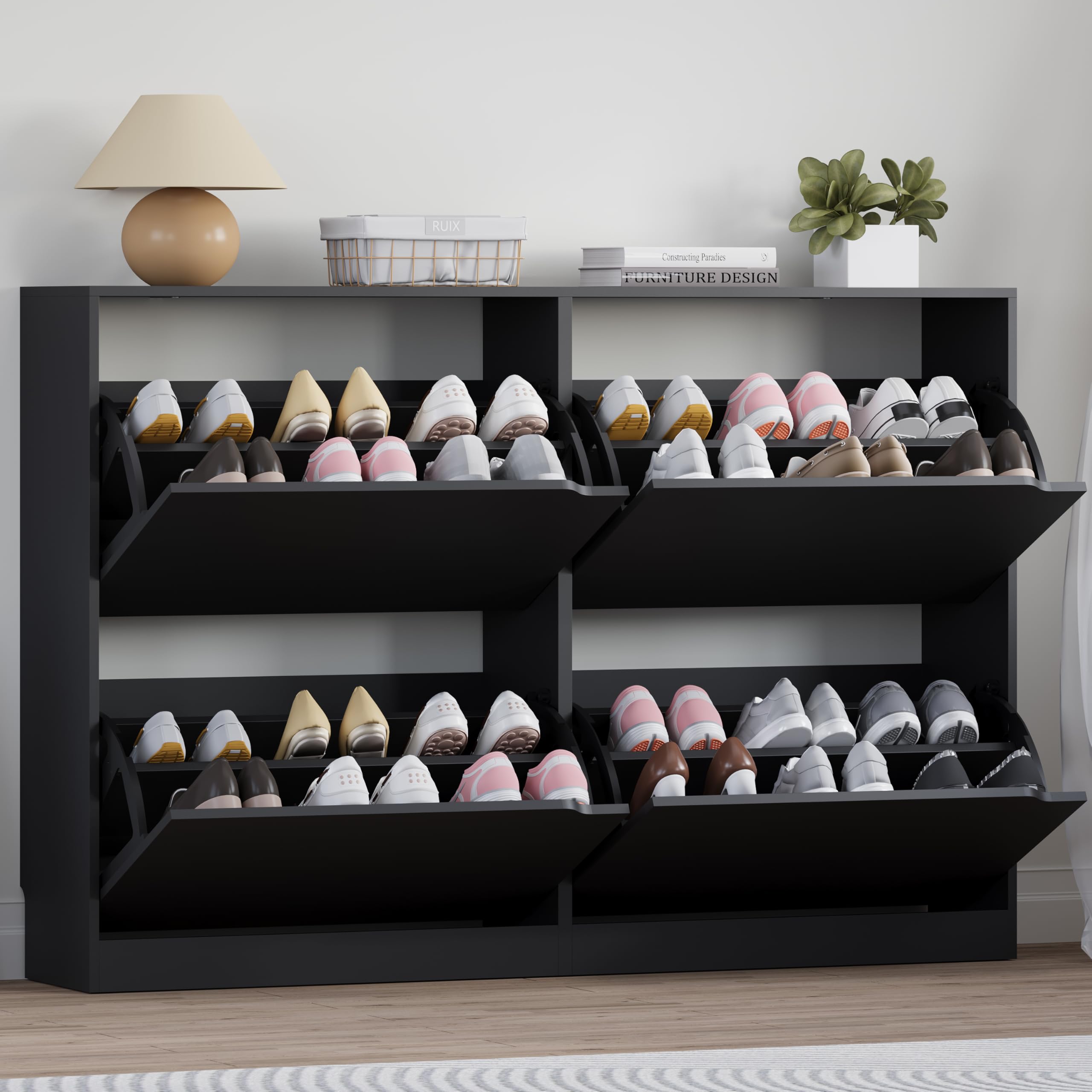BORNOON Shoe Cabinet, Slim Narrow Shoe Storage Cabinet, Freestanding Shoe Organizer with Adjustable & Removable Shelves, Top Display Shelf for Entryway, Hallway, Foyer, Closet