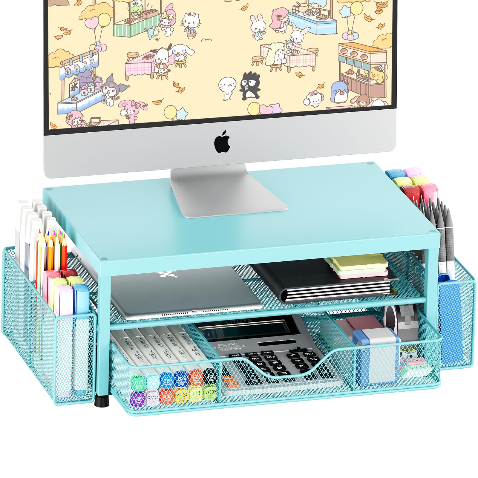 OPNICE Desk Organizer and Accessories, Computer Monitor Stand Riser with Drawer and 2 Pen Holders, Laptop Stand, Office Desk Accessories for Office Supplies