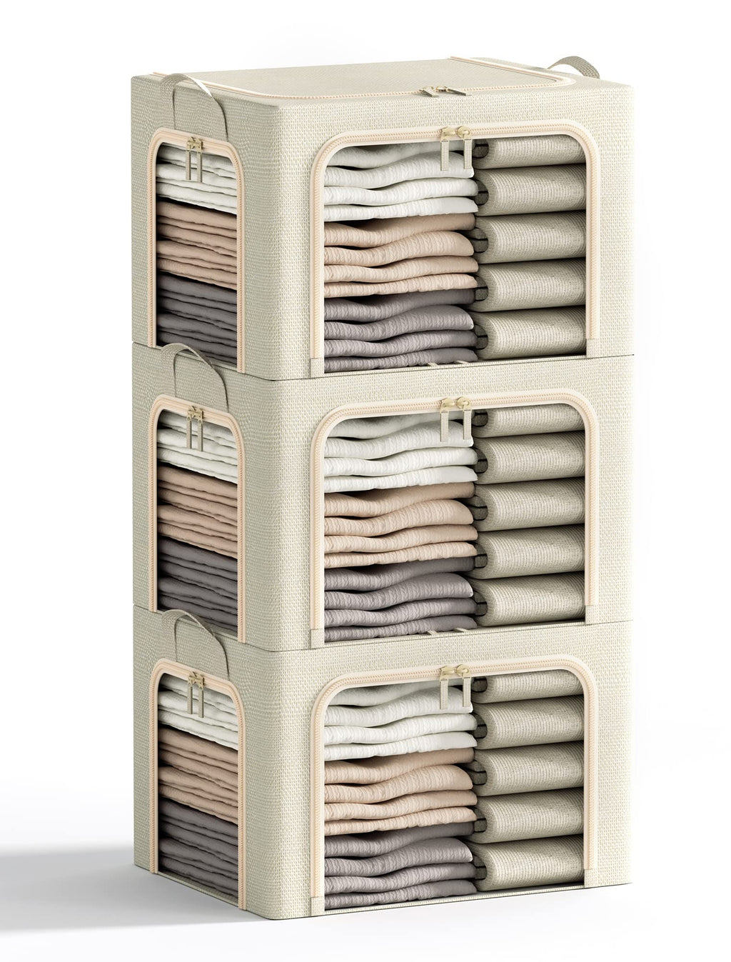 Furnhome 3 Opeings Clothes Storage Bins with Metal Frame, Foldable Clothes Organizes and Storage, Fabric Storage Box with Clear Window, Stackable Storage Bins with Double Zippers＆ Durable Handles