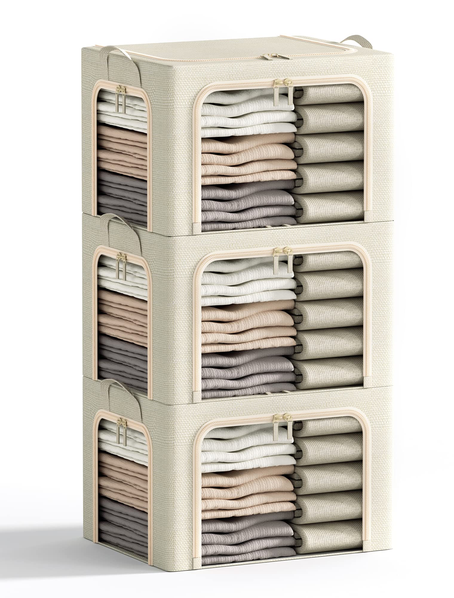 Furnhome 3 Opeings Clothes Storage Bins with Metal Frame, Foldable Clothes Organizes and Storage, Fabric Storage Box with Clear Window, Stackable Storage Bins with Double Zippers＆ Durable Handles
