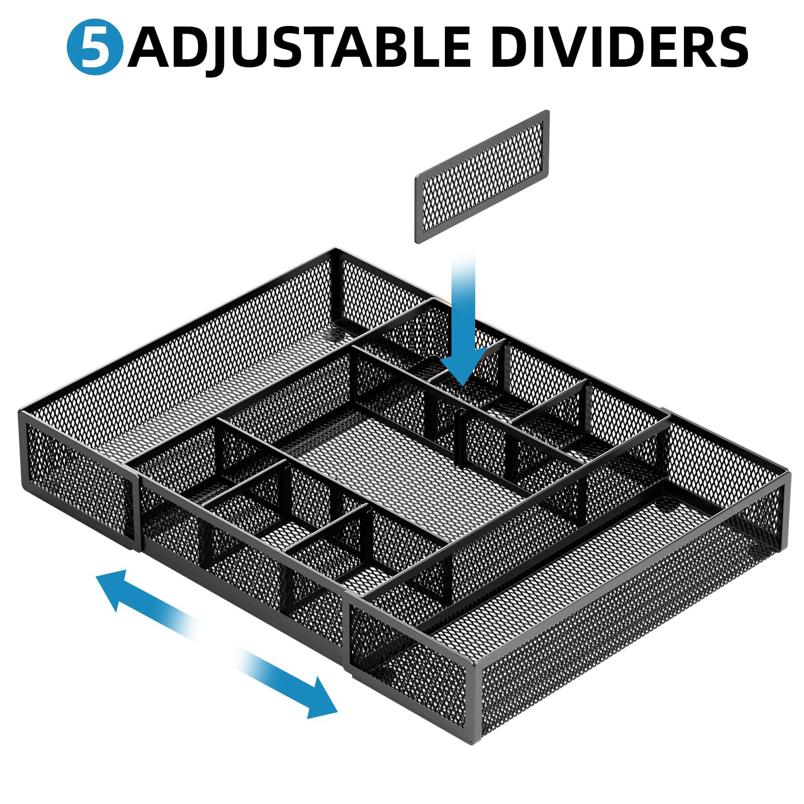 Marbrasse Expandable Desk Drawer Organizer with 10 Adjustable Compartments, Mesh Tray for Office Supplies, Makeup & Vanity