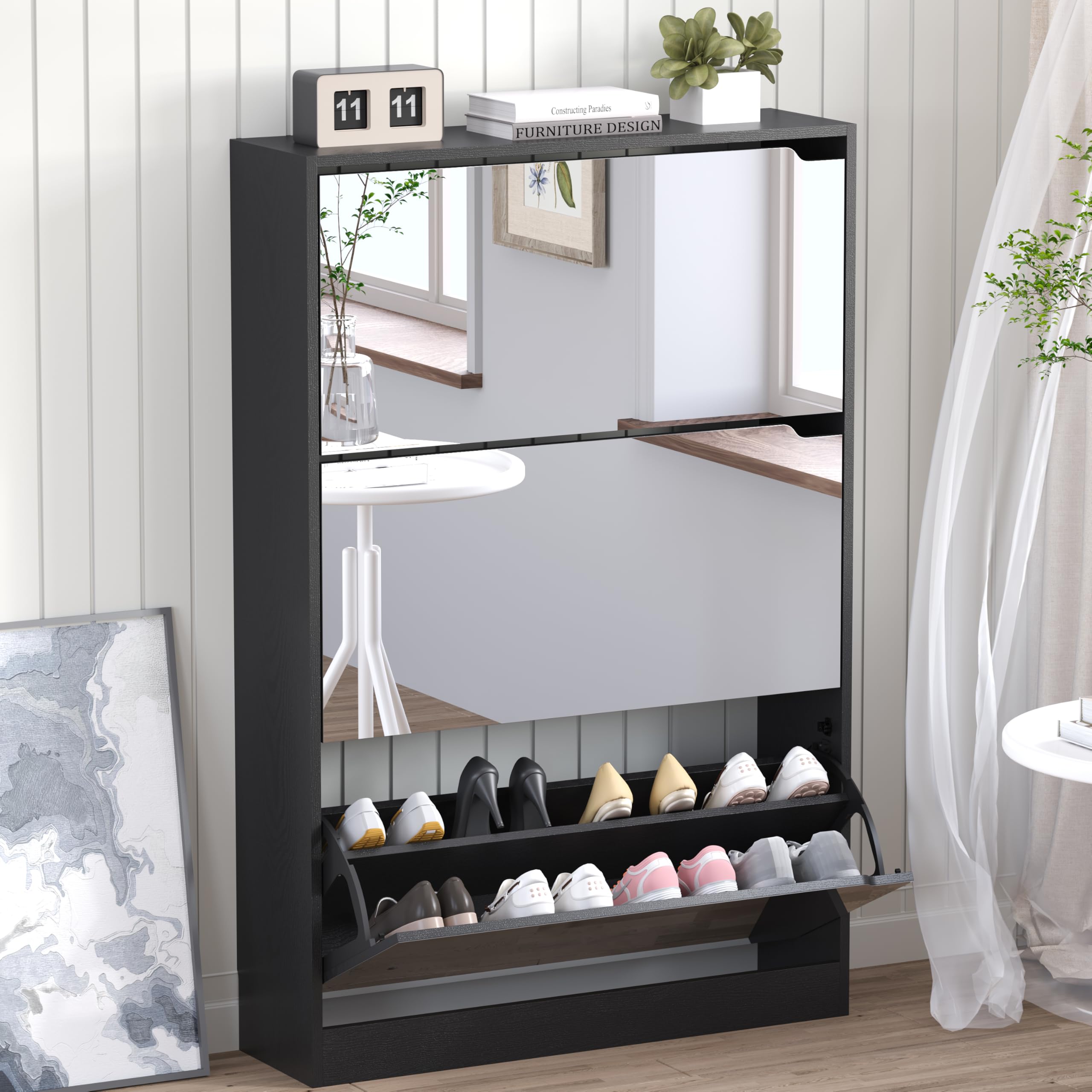 BORNOON Shoe Cabinet, Slim Narrow Shoe Storage Cabinet, Freestanding Shoe Organizer with Adjustable & Removable Shelves, Top Display Shelf for Entryway, Hallway, Foyer, Closet