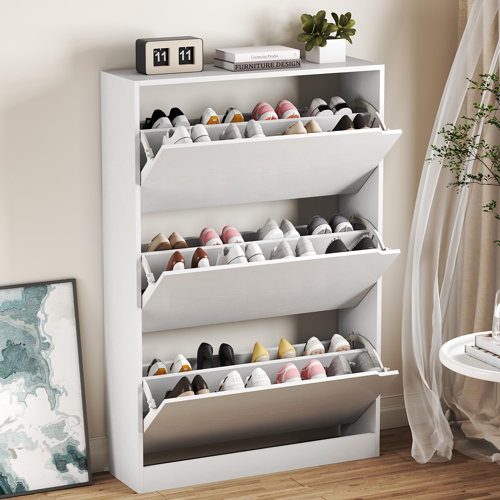 BORNOON Shoe Cabinet, Slim Narrow Shoe Storage Cabinet, Freestanding Shoe Organizer with Adjustable & Removable Shelves, Top Display Shelf for Entryway, Hallway, Foyer, Closet