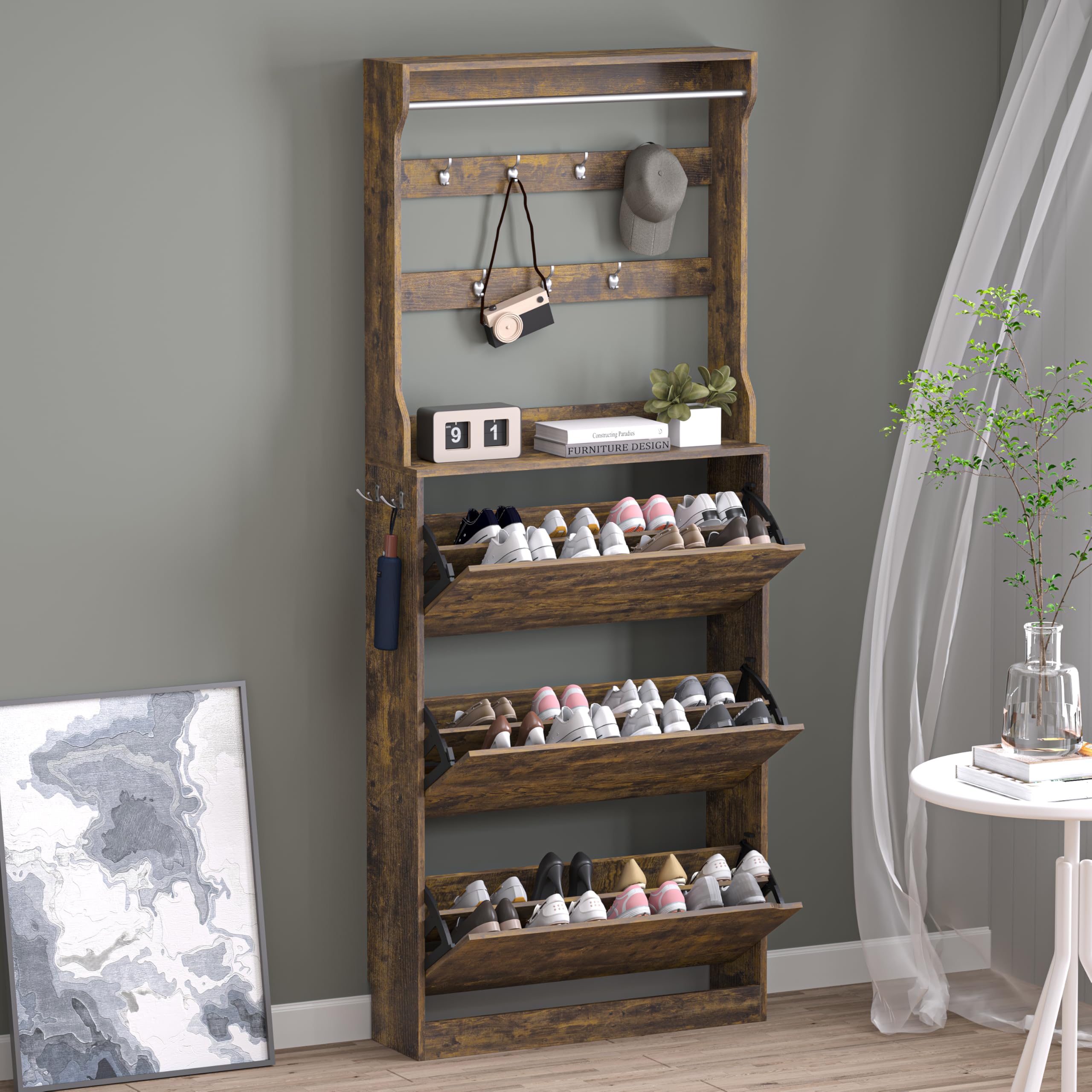 BORNOON Shoe Cabinet, Slim Narrow Shoe Storage Cabinet, Freestanding Shoe Organizer with Adjustable & Removable Shelves, Top Display Shelf for Entryway, Hallway, Foyer, Closet