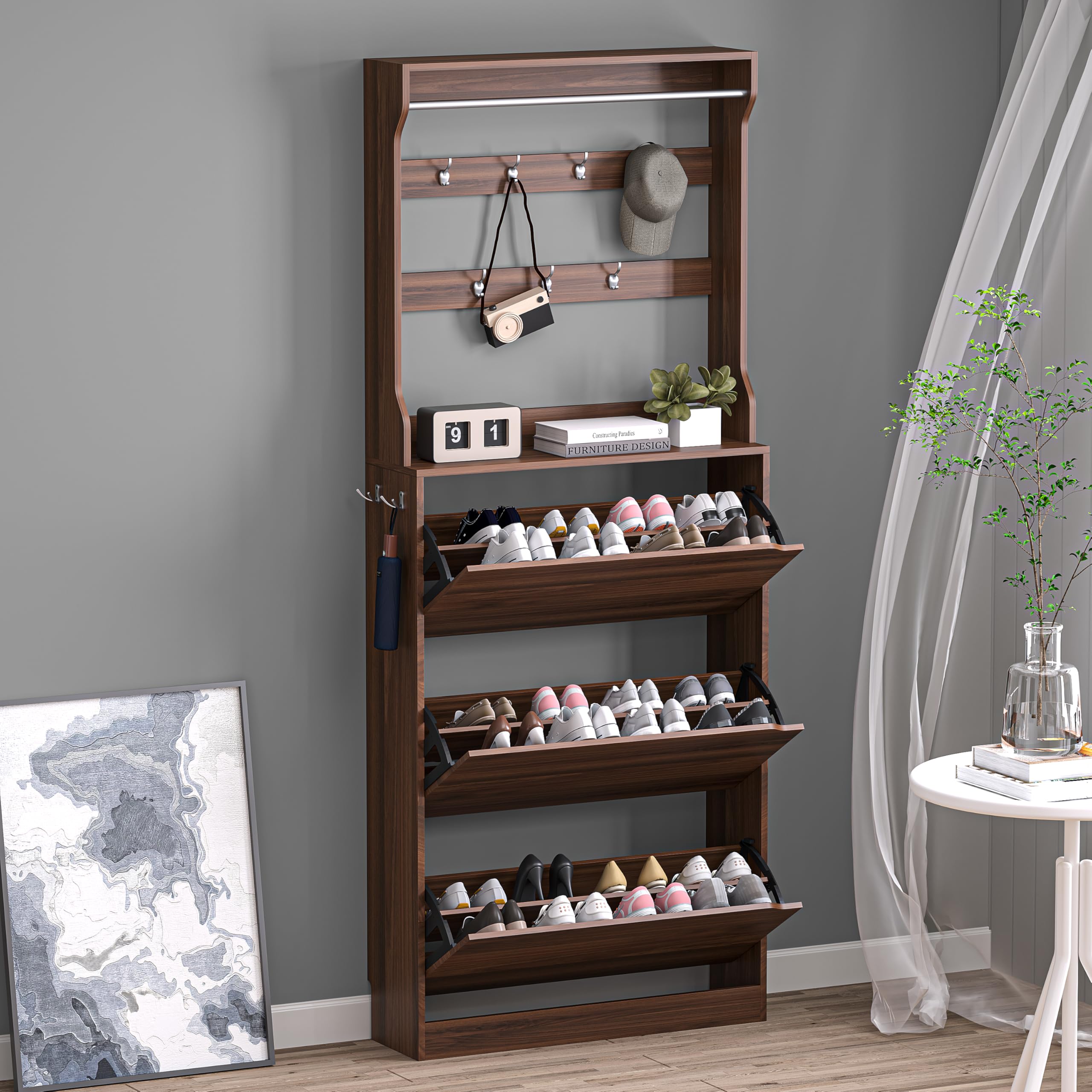 BORNOON Shoe Cabinet, Slim Narrow Shoe Storage Cabinet, Freestanding Shoe Organizer with Adjustable & Removable Shelves, Top Display Shelf for Entryway, Hallway, Foyer, Closet