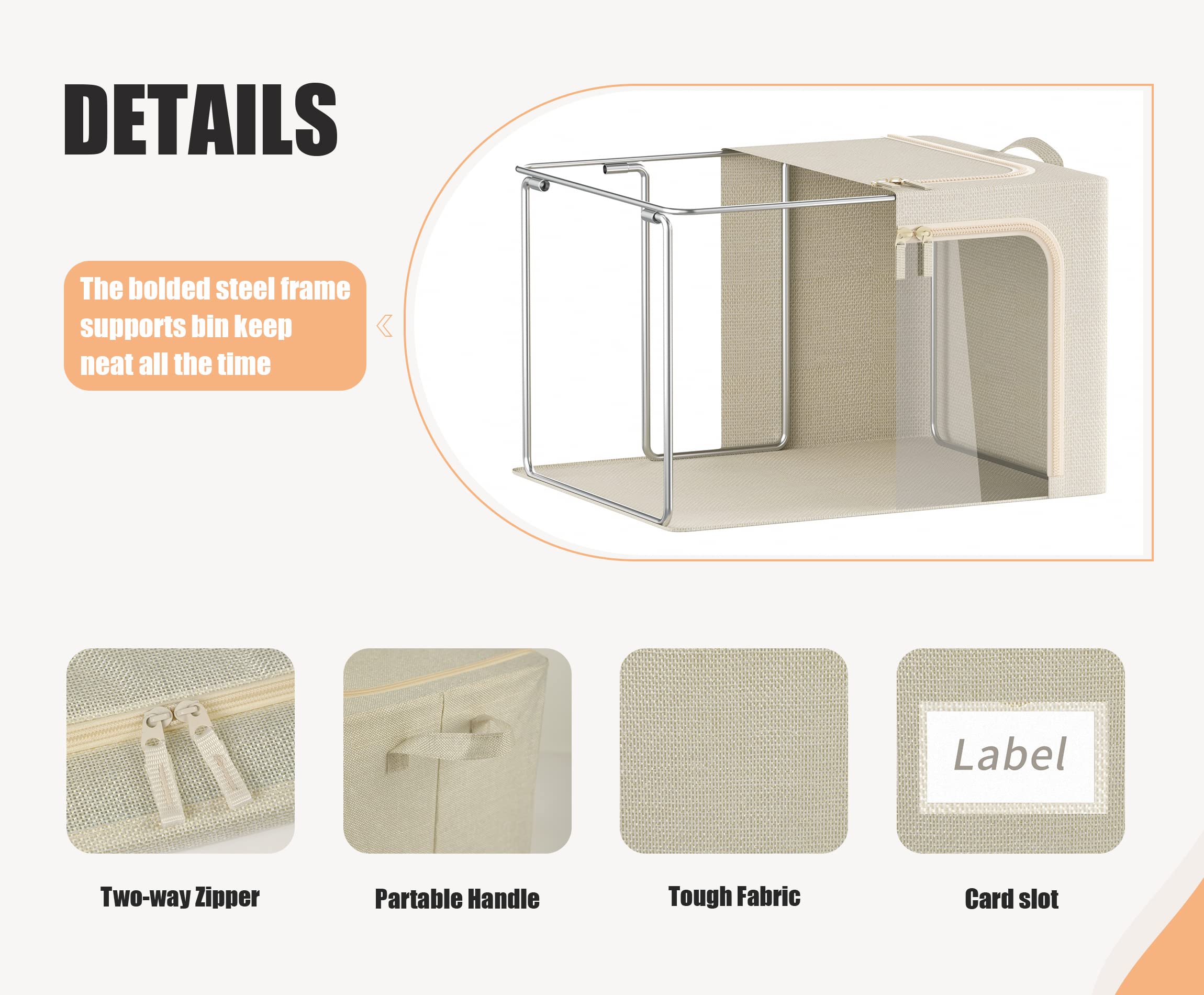 Furnhome 3 Opeings Clothes Storage Bins with Metal Frame, Foldable Clothes Organizes and Storage, Fabric Storage Box with Clear Window, Stackable Storage Bins with Double Zippers＆ Durable Handles