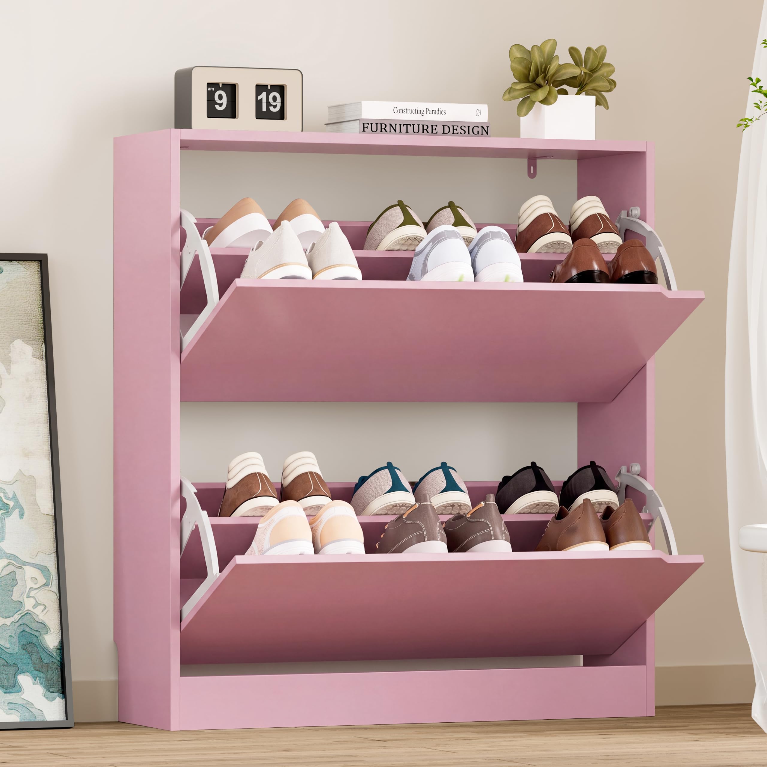 BORNOON Shoe Cabinet, Slim Narrow Shoe Storage Cabinet, Freestanding Shoe Organizer with Adjustable & Removable Shelves, Top Display Shelf for Entryway, Hallway, Foyer, Closet