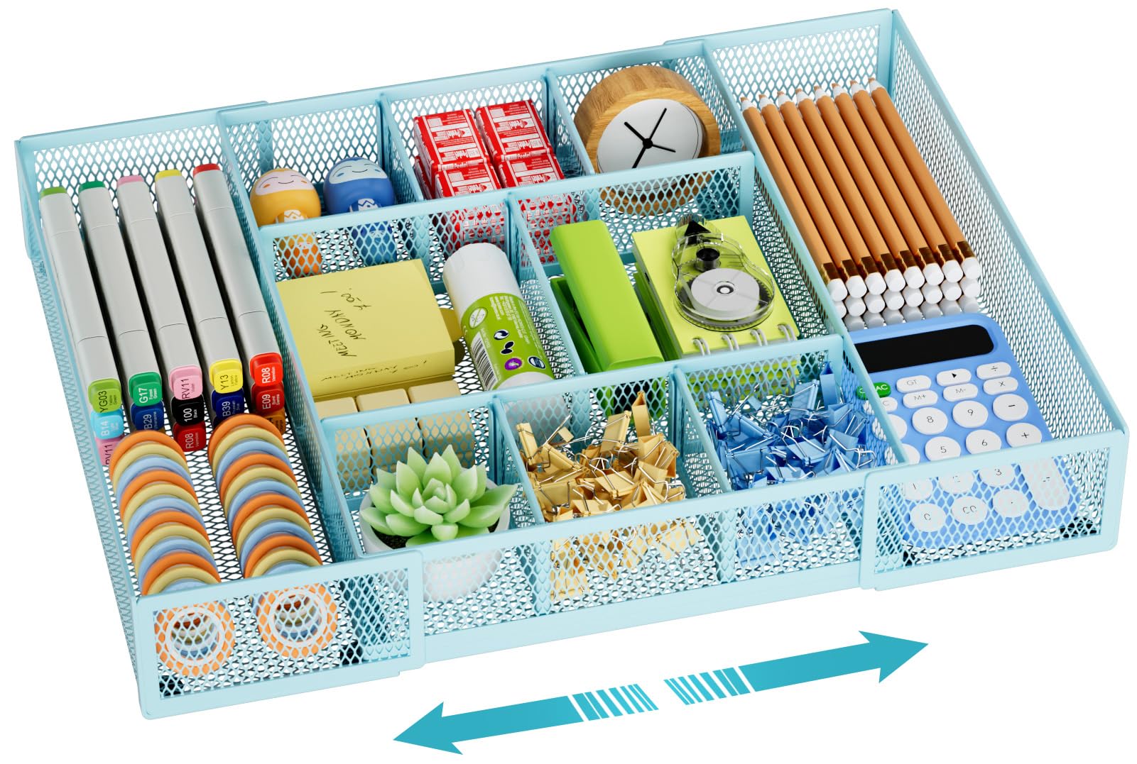 Marbrasse Expandable Desk Drawer Organizer with 10 Adjustable Compartments, Mesh Tray for Office Supplies, Makeup & Vanity