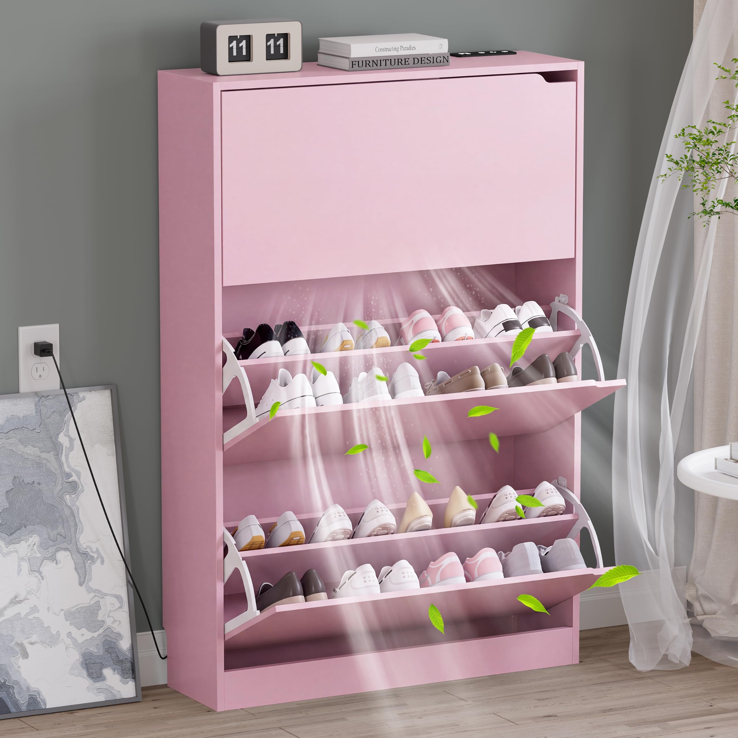 BORNOON Shoe Cabinet, Slim Narrow Shoe Storage Cabinet, Freestanding Shoe Organizer with Adjustable & Removable Shelves, Top Display Shelf for Entryway, Hallway, Foyer, Closet
