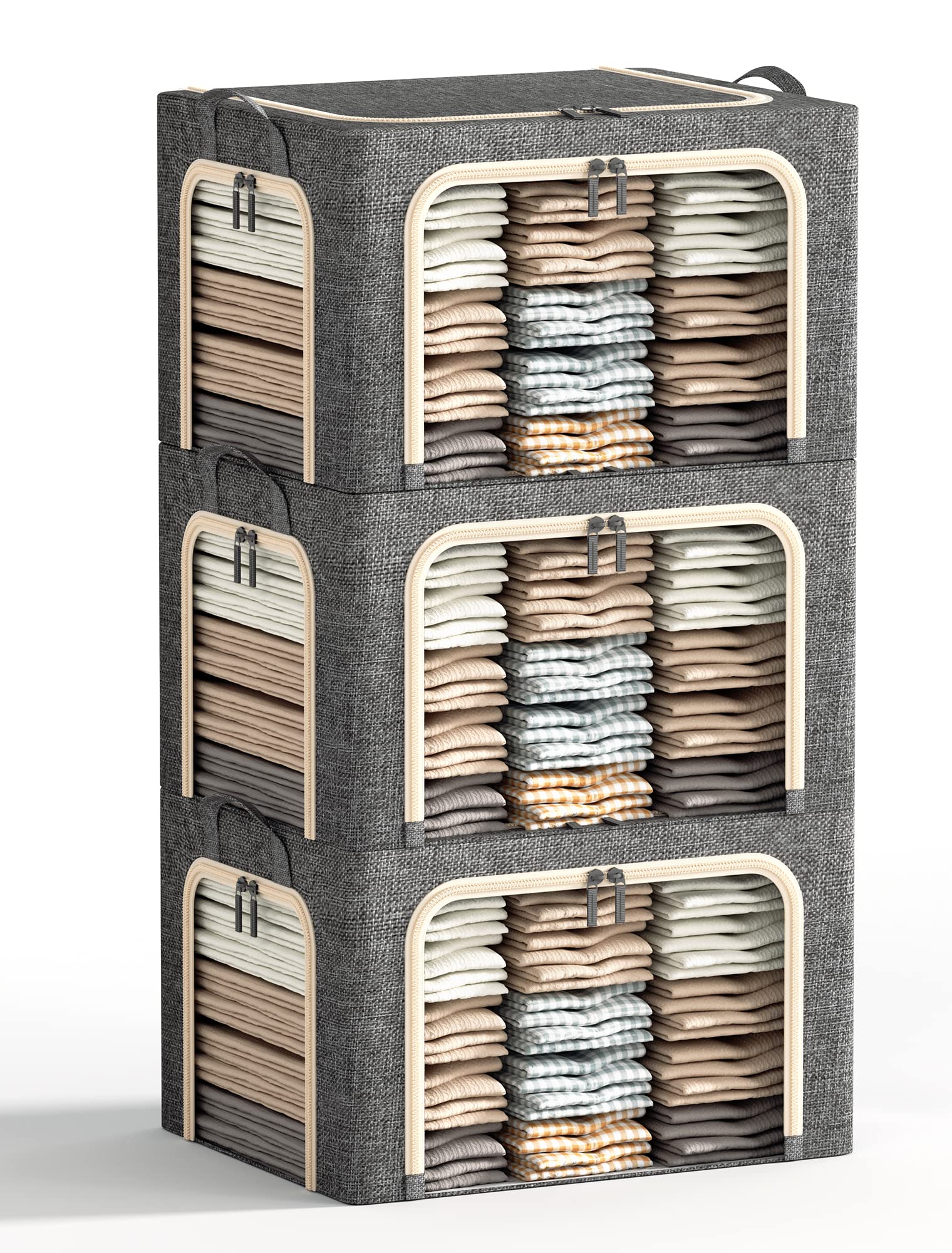 Furnhome 3 Opeings Clothes Storage Bins with Metal Frame, Foldable Clothes Organizes and Storage, Fabric Storage Box with Clear Window, Stackable Storage Bins with Double Zippers＆ Durable Handles