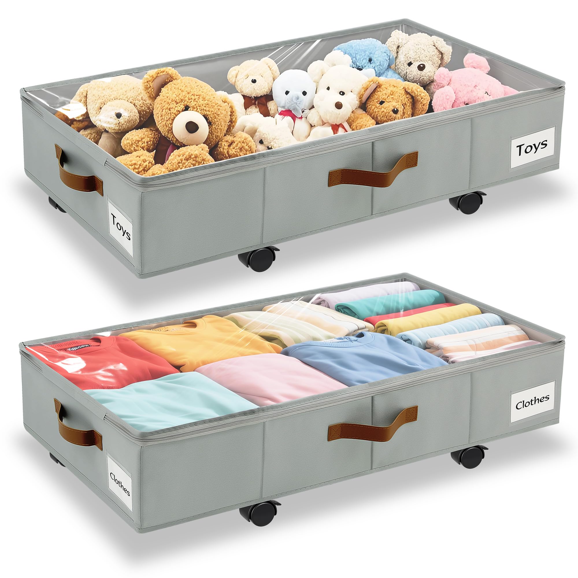 VatFott Under Bed Storage with Wheels,Underbed Storage with Sturdy Sidewalls/Bottom, Clear Cover, Label and PU Handle, Rolling Under Bed Drawers for Clothes, Shoes, Toys, Blankets