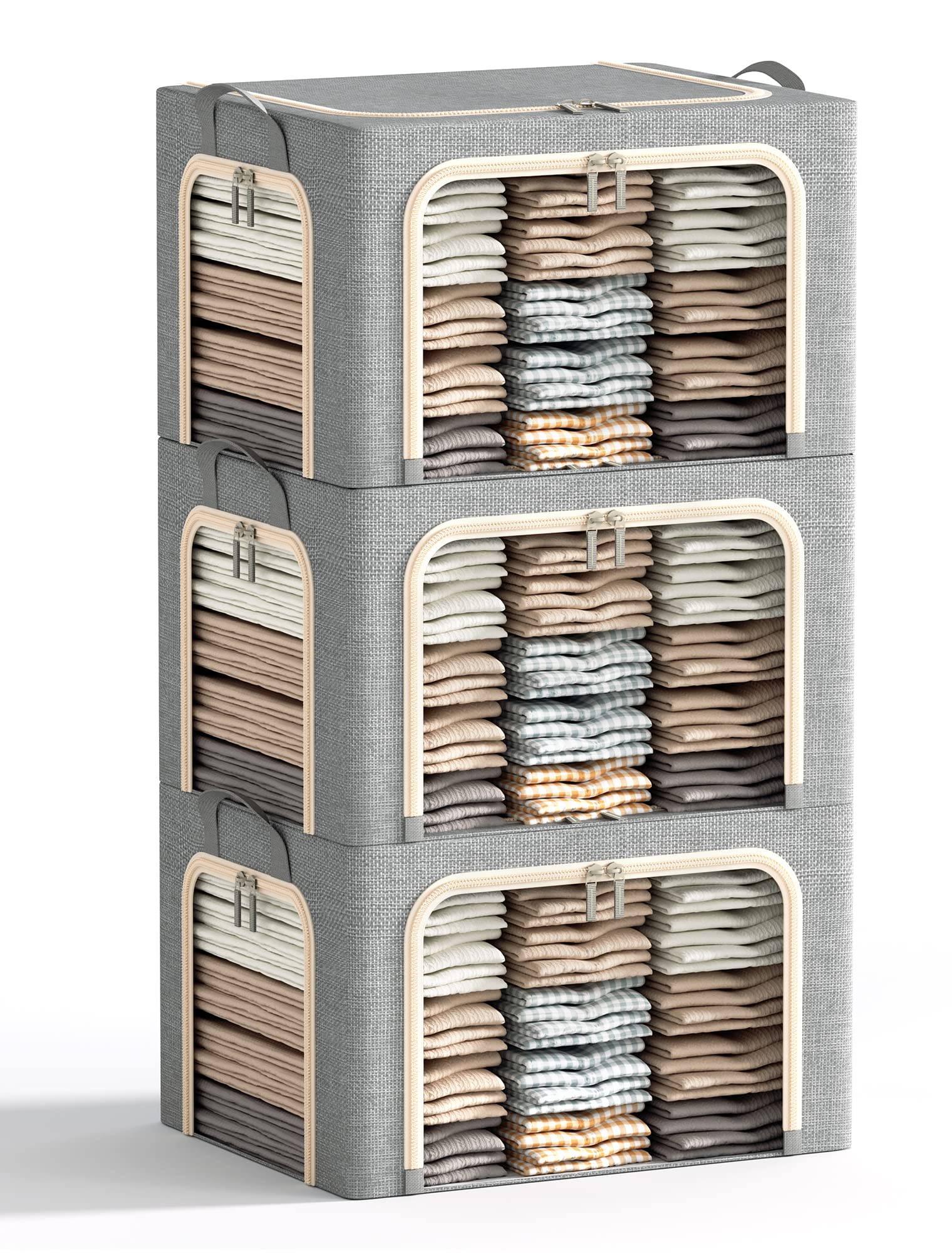 Furnhome 3 Opeings Clothes Storage Bins with Metal Frame, Foldable Clothes Organizes and Storage, Fabric Storage Box with Clear Window, Stackable Storage Bins with Double Zippers＆ Durable Handles