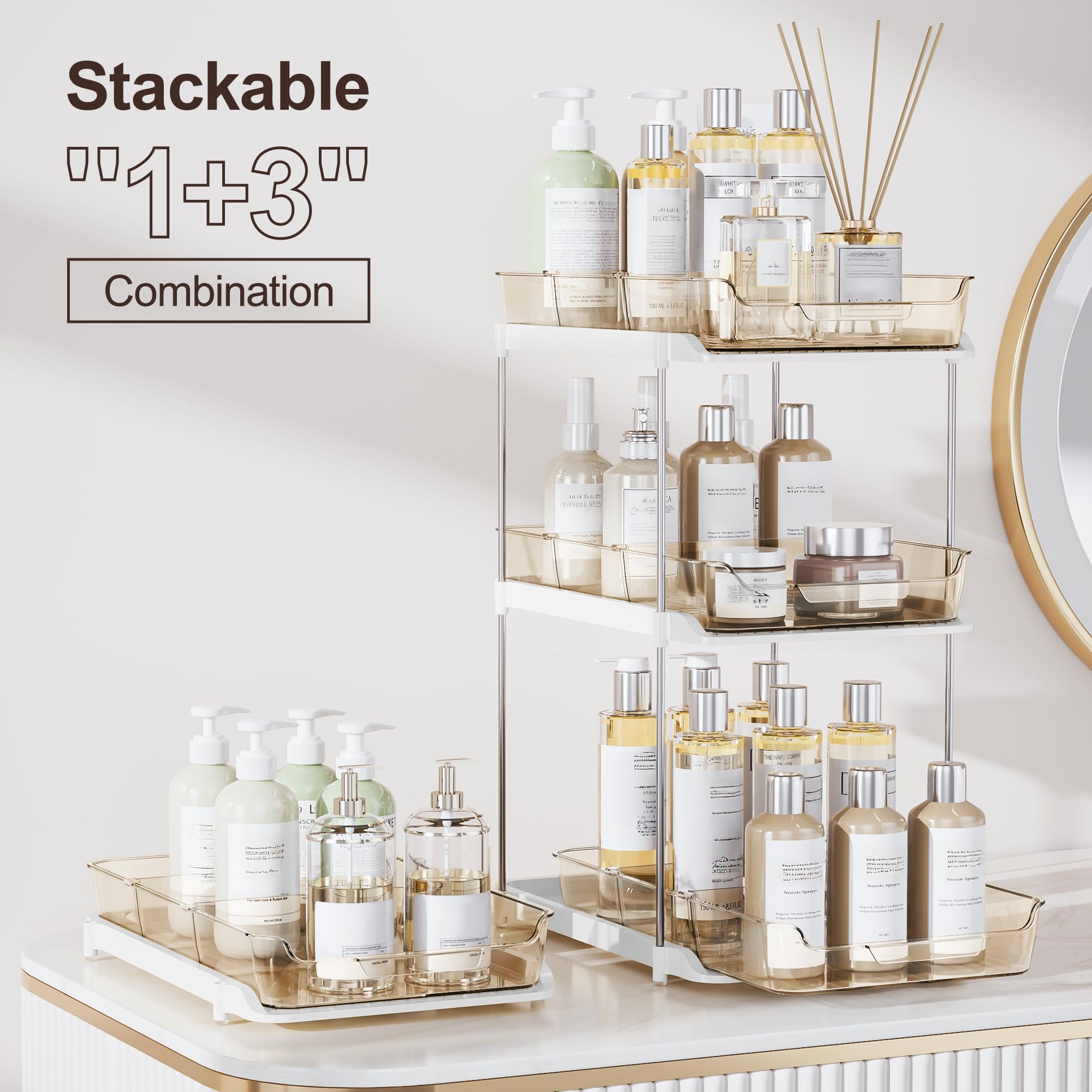 Delamu 2-Tier Multi-Purpose Bathroom Under Sink Organizers and Storage, Stackable Kitchen Pantry Organization, Pull Out Medicine Cabinet Organizer with Movable Dividers
