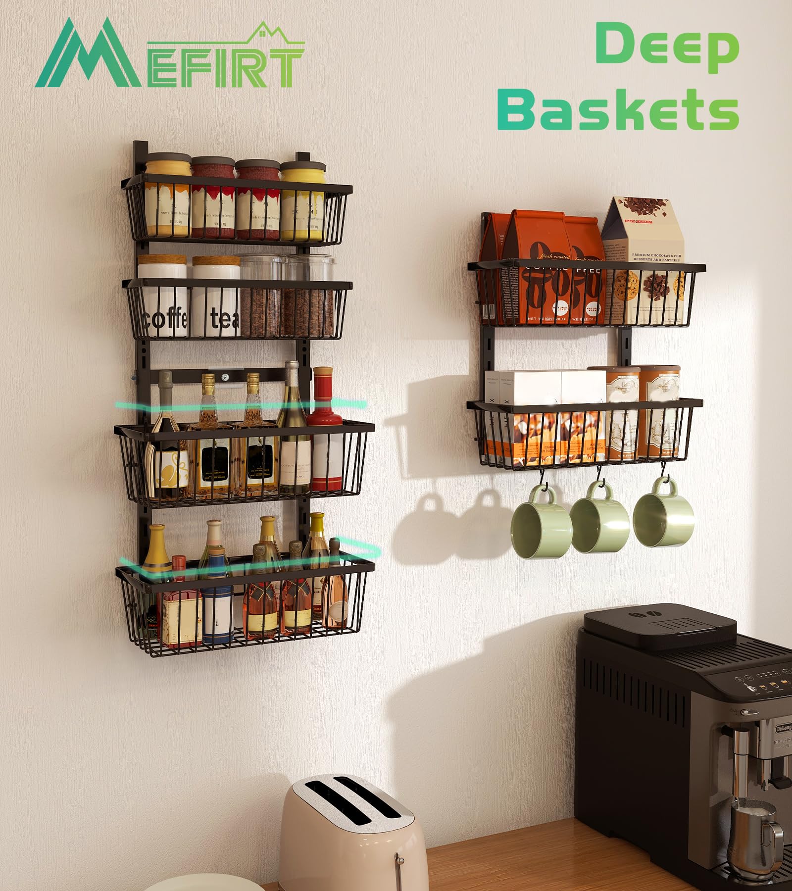 Mefirt Over The Door Pantry Organizer, Wall Mount Spice Rack Deep Baskets