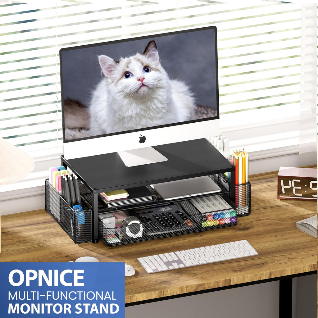 OPNICE Desk Organizer and Accessories, Computer Monitor Stand Riser with Drawer and 2 Pen Holders, Laptop Stand, Office Desk Accessories for Office Supplies