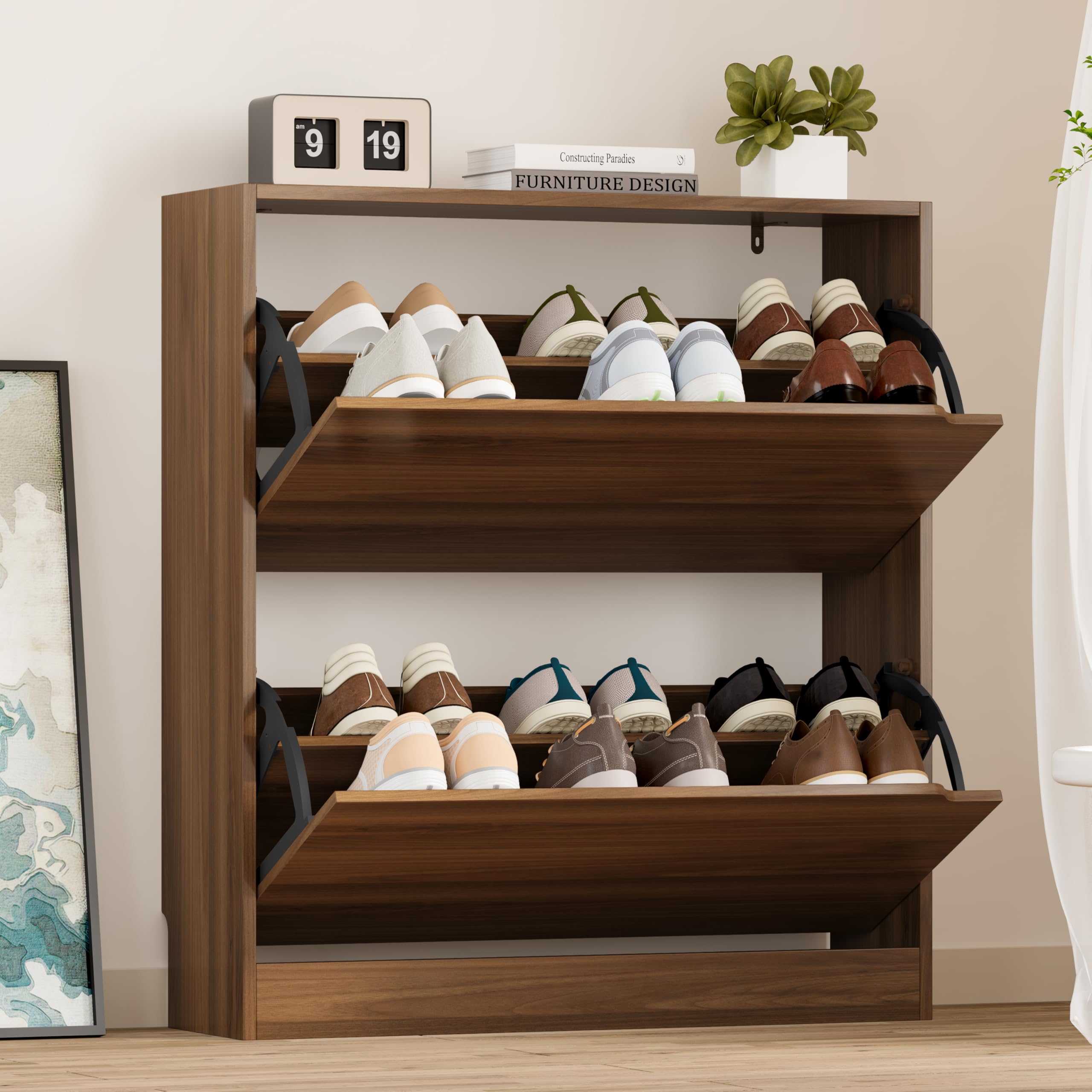 BORNOON Shoe Cabinet, Slim Narrow Shoe Storage Cabinet, Freestanding Shoe Organizer with Adjustable & Removable Shelves, Top Display Shelf for Entryway, Hallway, Foyer, Closet