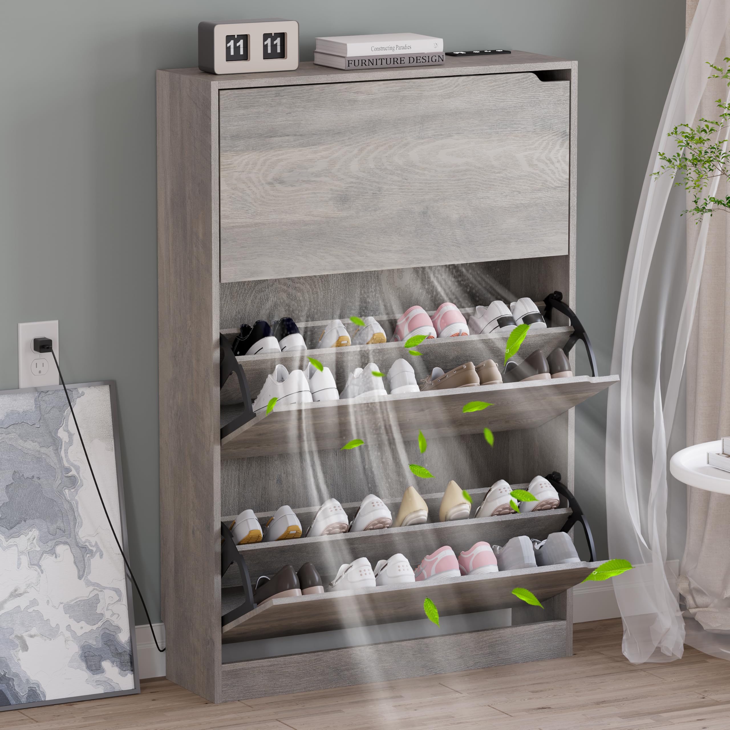 BORNOON Shoe Cabinet, Slim Narrow Shoe Storage Cabinet, Freestanding Shoe Organizer with Adjustable & Removable Shelves, Top Display Shelf for Entryway, Hallway, Foyer, Closet