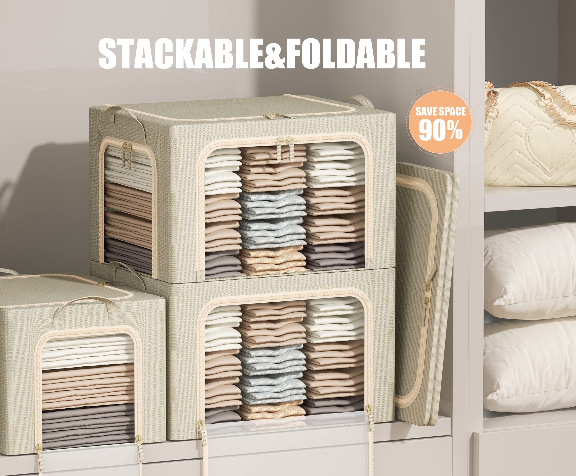 Furnhome 3 Opeings Clothes Storage Bins with Metal Frame, Foldable Clothes Organizes and Storage, Fabric Storage Box with Clear Window, Stackable Storage Bins with Double Zippers＆ Durable Handles