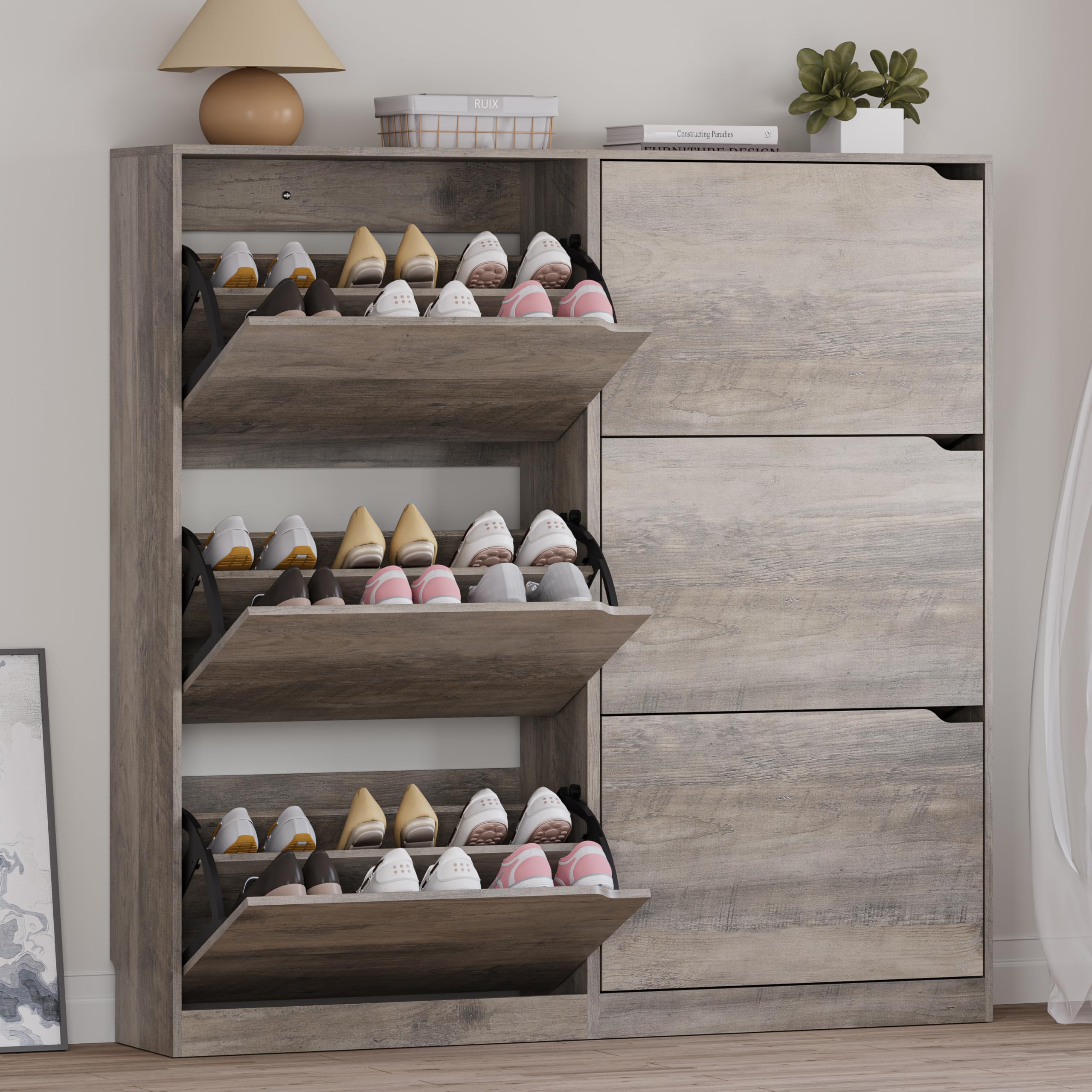 BORNOON Shoe Cabinet, Slim Narrow Shoe Storage Cabinet, Freestanding Shoe Organizer with Adjustable & Removable Shelves, Top Display Shelf for Entryway, Hallway, Foyer, Closet