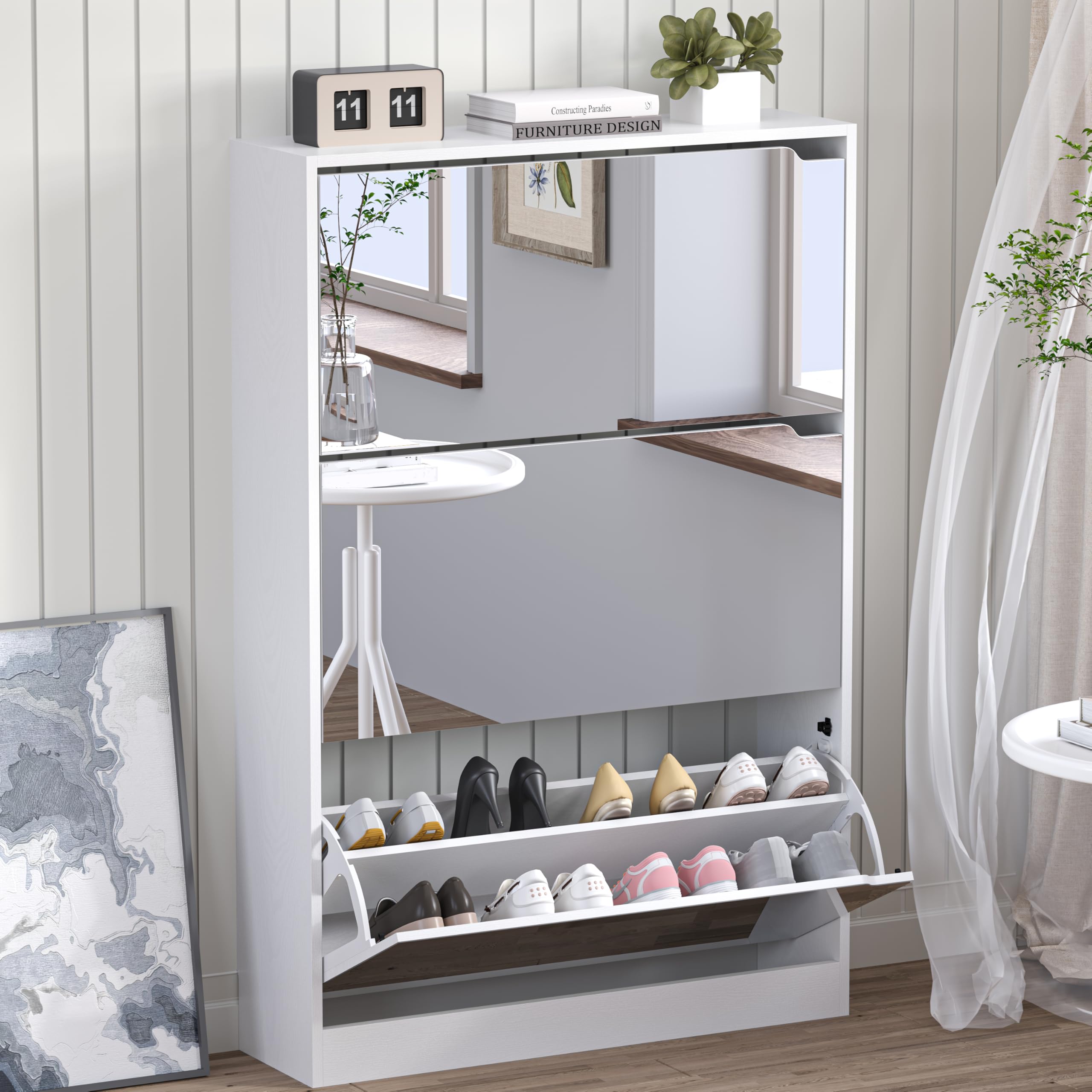 BORNOON Shoe Cabinet, Slim Narrow Shoe Storage Cabinet, Freestanding Shoe Organizer with Adjustable & Removable Shelves, Top Display Shelf for Entryway, Hallway, Foyer, Closet