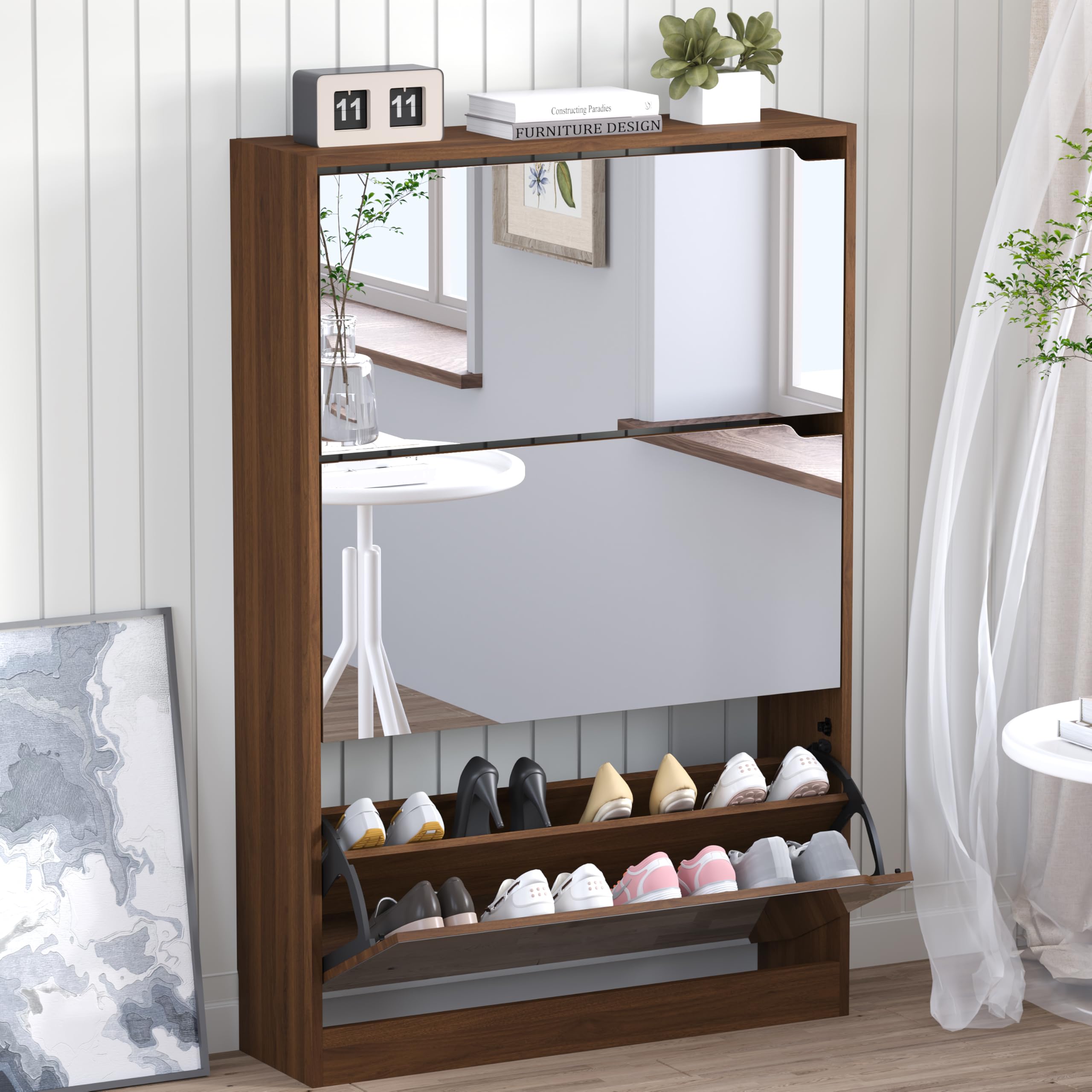 BORNOON Shoe Cabinet, Slim Narrow Shoe Storage Cabinet, Freestanding Shoe Organizer with Adjustable & Removable Shelves, Top Display Shelf for Entryway, Hallway, Foyer, Closet