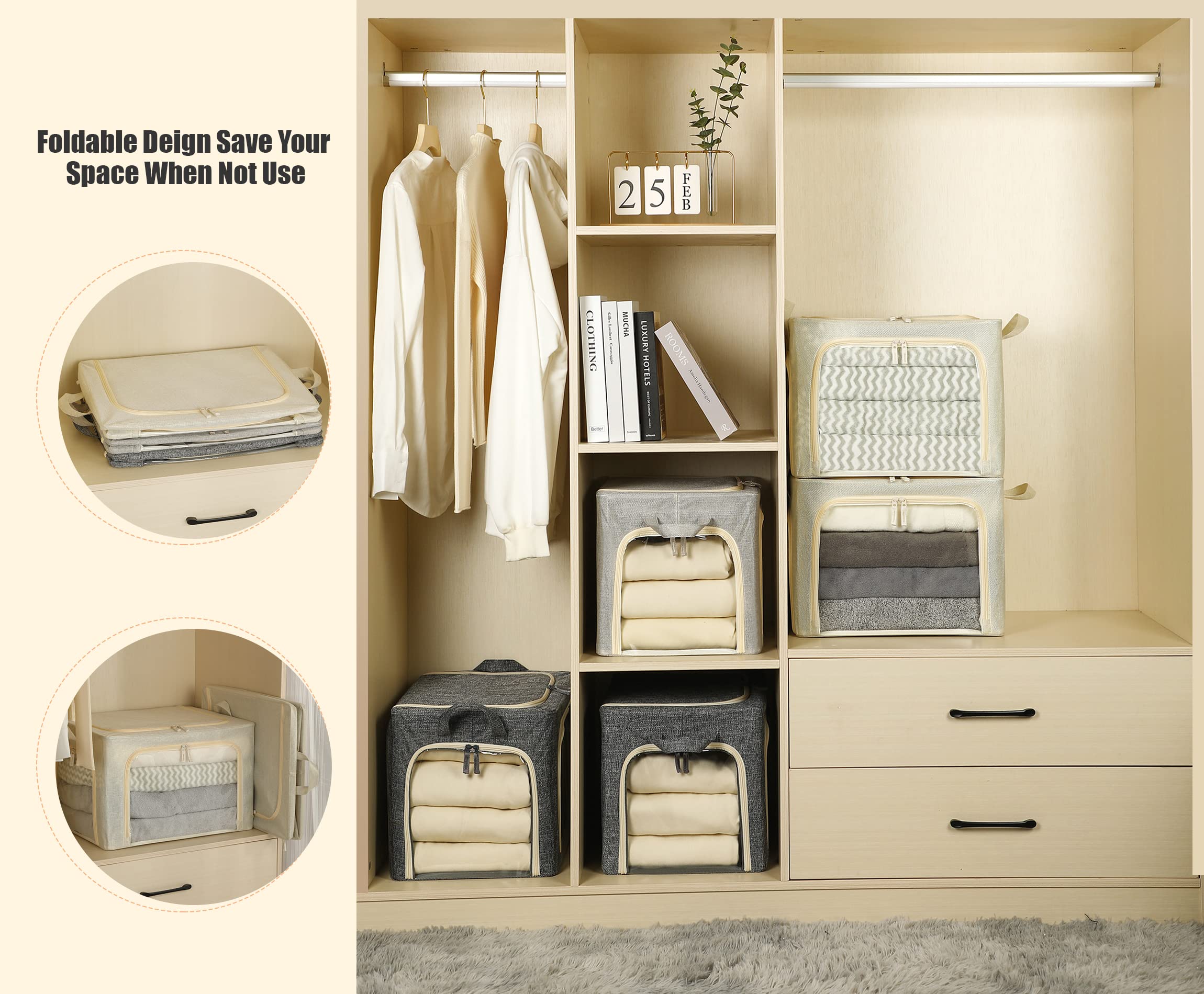 Furnhome 3 Opeings Clothes Storage Bins with Metal Frame, Foldable Clothes Organizes and Storage, Fabric Storage Box with Clear Window, Stackable Storage Bins with Double Zippers＆ Durable Handles